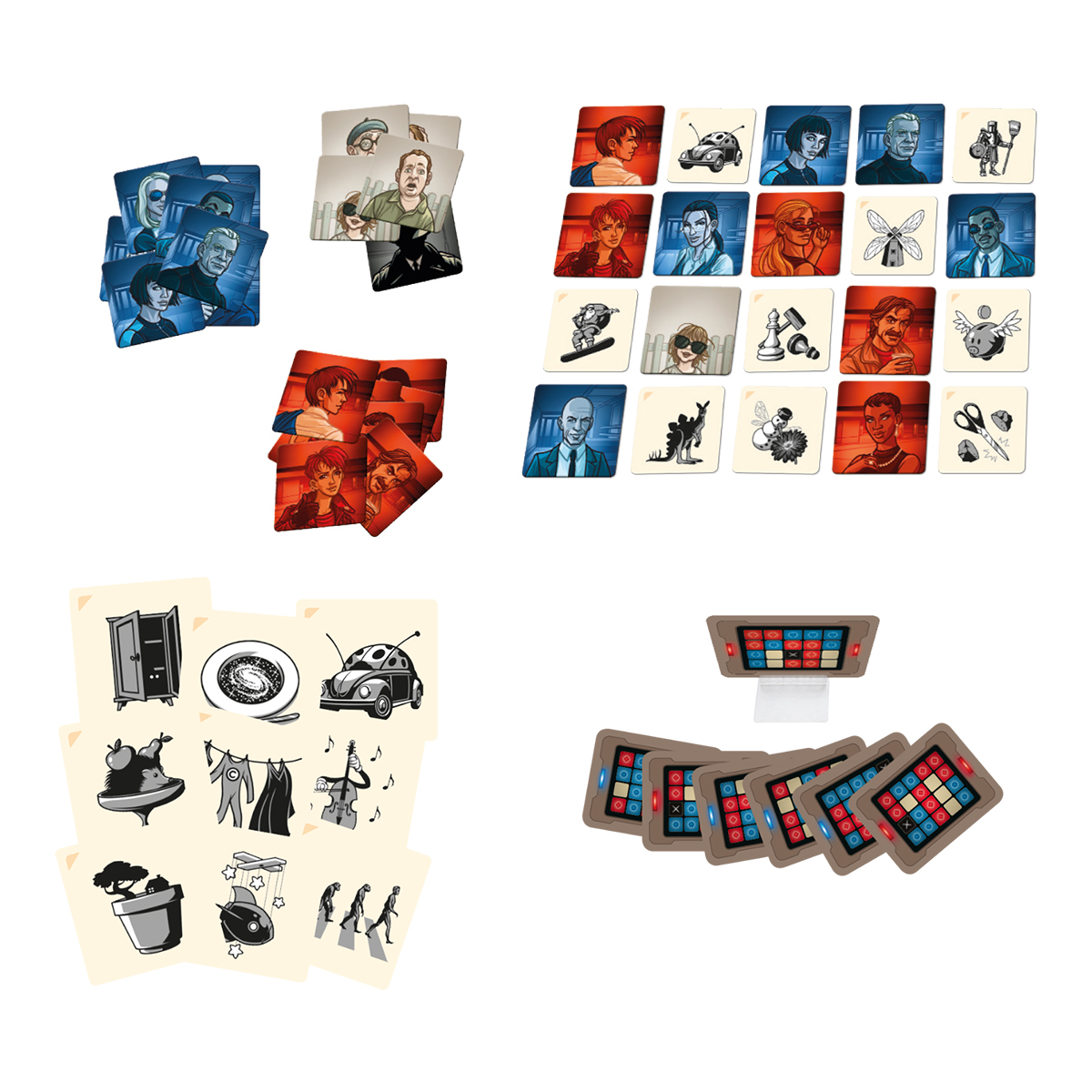 Varias cartas y componentes de juego con personajes, símbolos y dispositivos electrónicos.