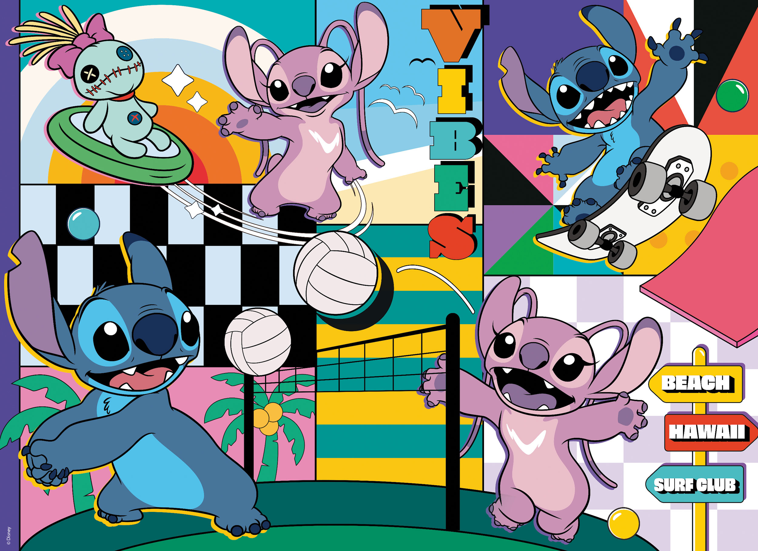 Póster colorido de Disney con Stitch, Angel y Scrump jugando al voleibol y patinando sobre fondos geométricos.