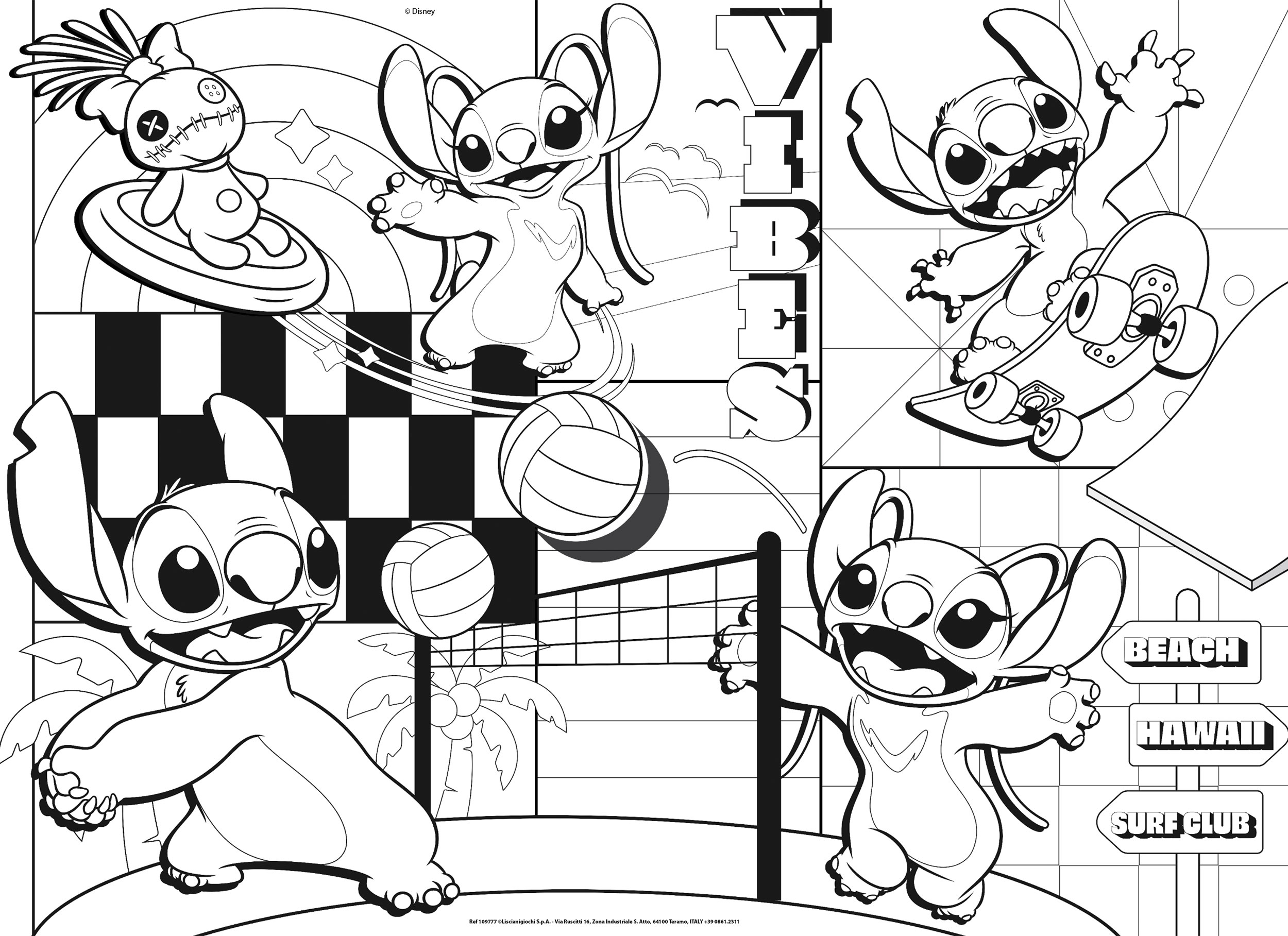 Dibujo para colorear en blanco y negro con Stitch y Angel jugando al voleibol y en monopatín.