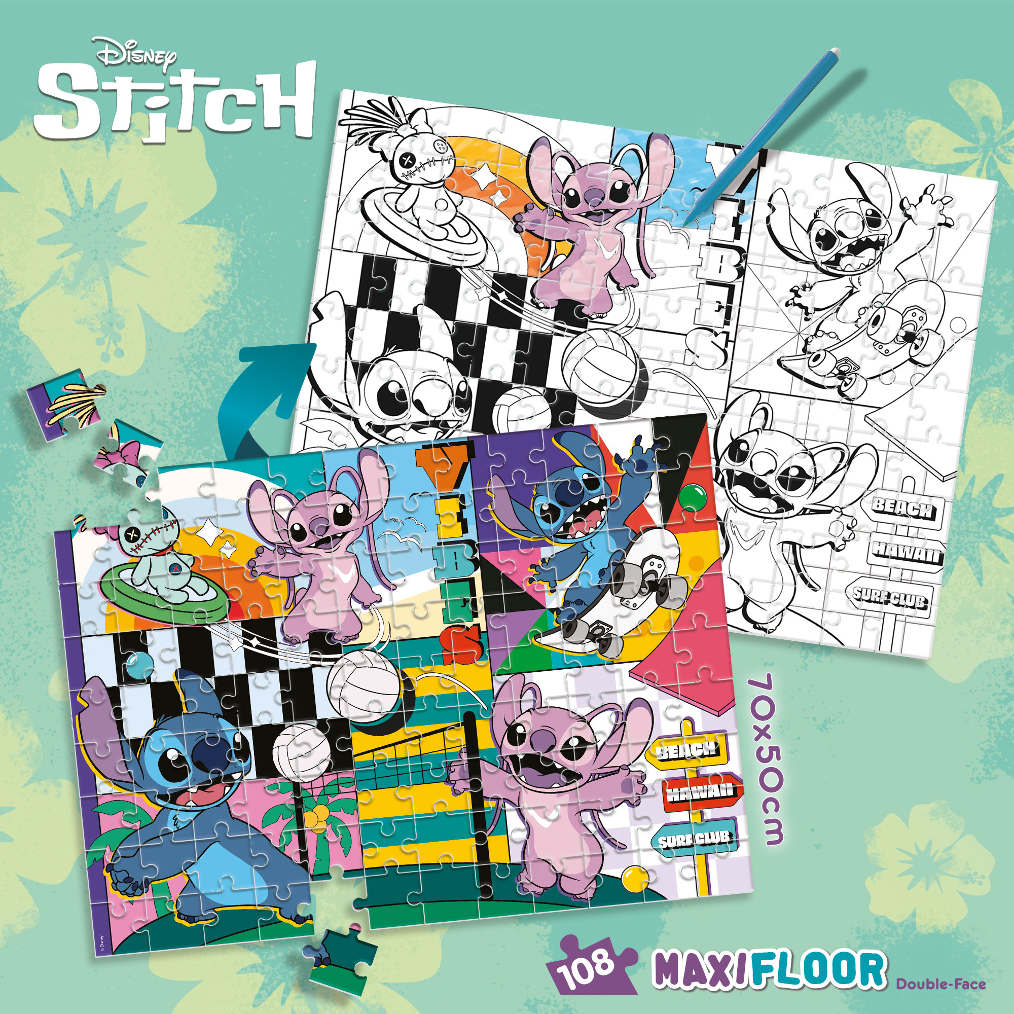 Un puzzle de Stitch de doble cara de 108 piezas, parte coloreada y parte en blanco y negro.