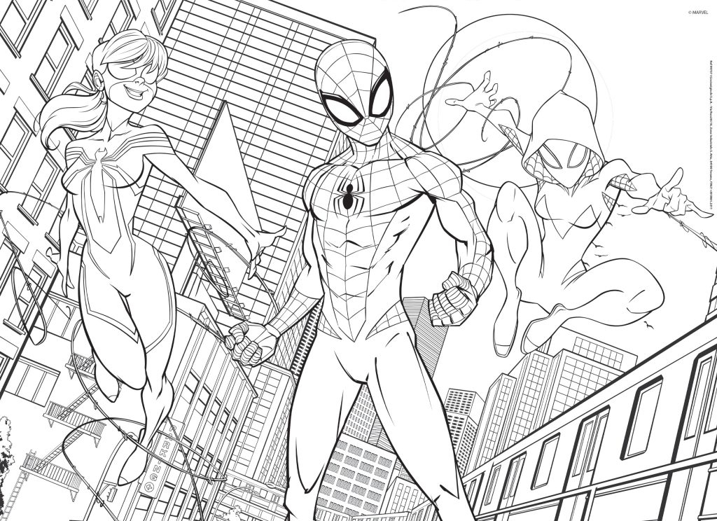 Dibujo para colorear de Spider-Man y dos heroínas ante un horizonte urbano.