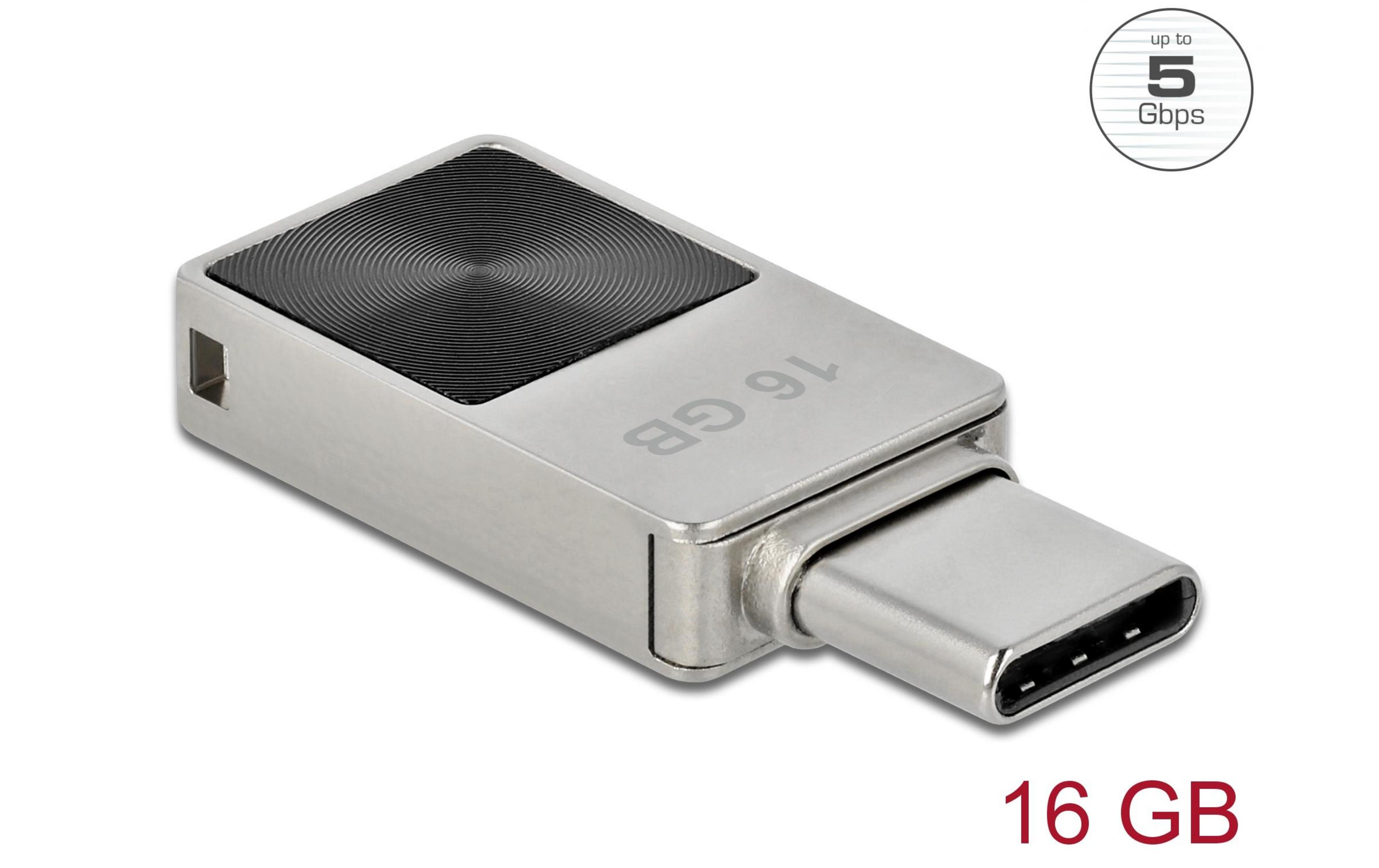 Una unidad flash USB-C de 16 GB plateada con superficie superior ranurada negra.