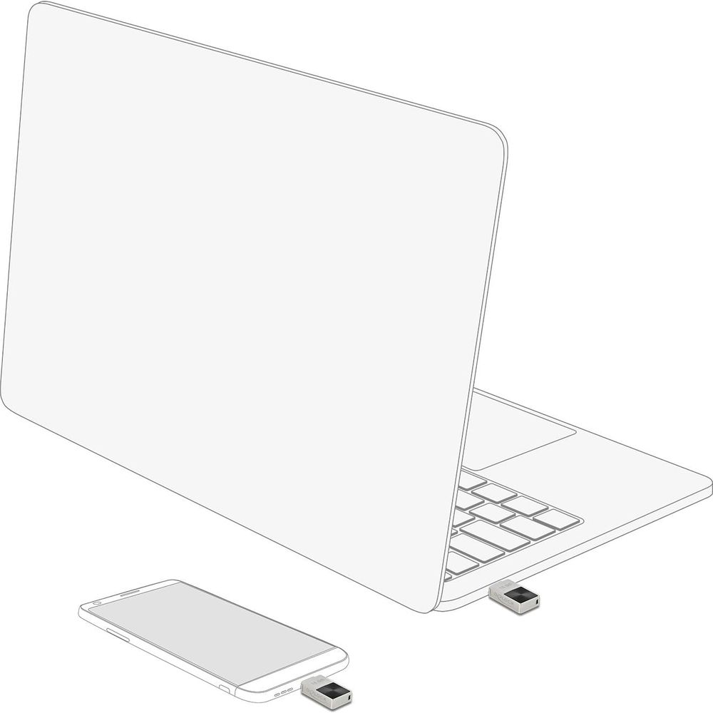 Dibujo lineal de una computadora portátil y un teléfono inteligente, ambos conectados a unidades flash USB.