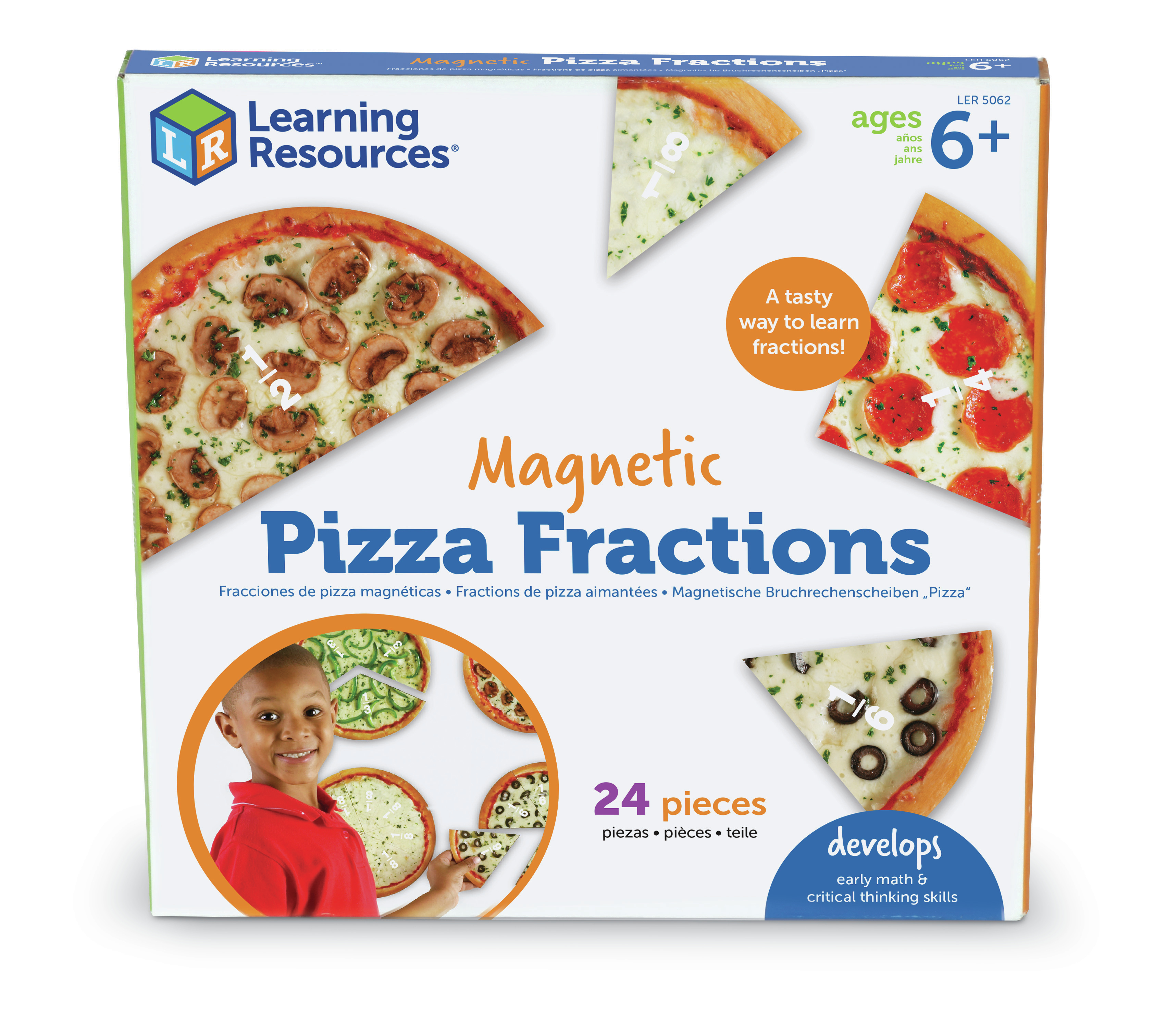 Verpackung von Magnetic Pizza Fractions zeigt Pizzen und ein lächelndes Kind.