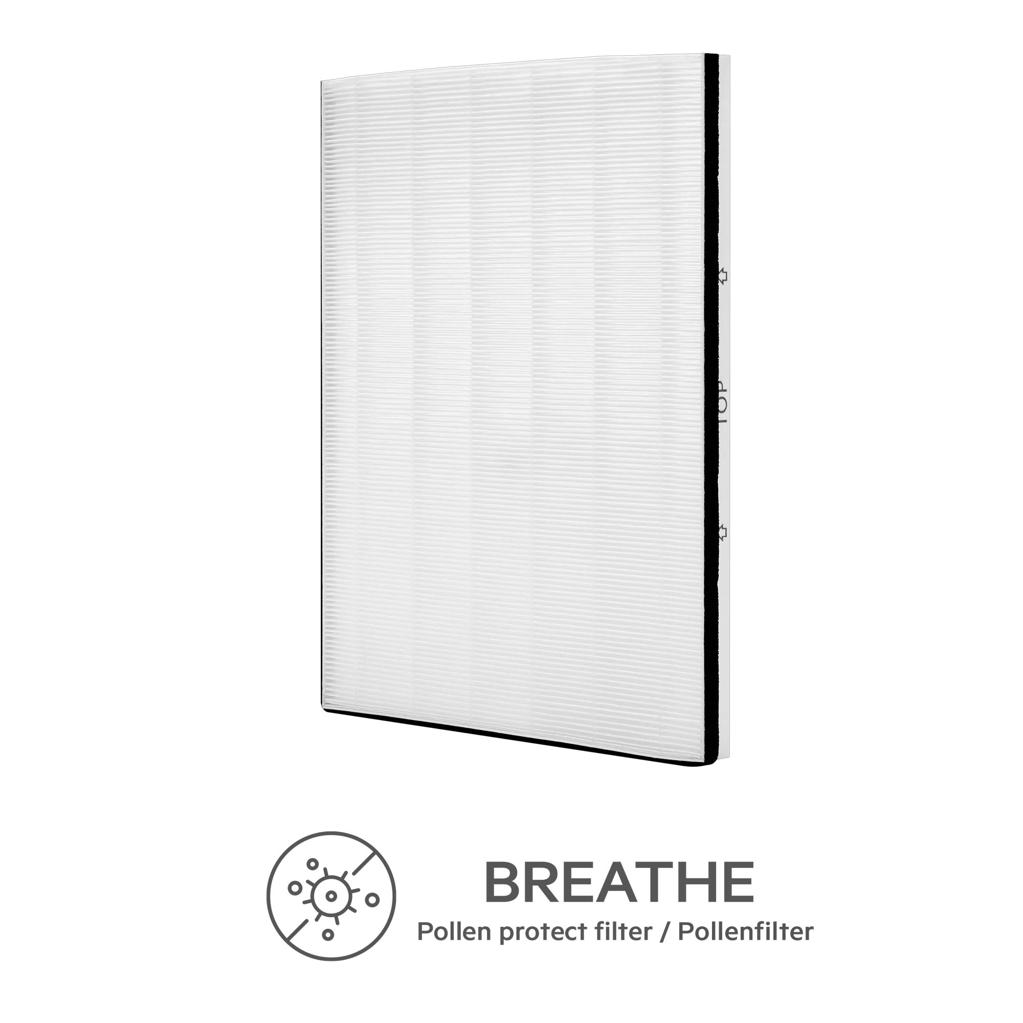 Filtro antipolen blanco y plegado sobre fondo negro con texto BREATHE.