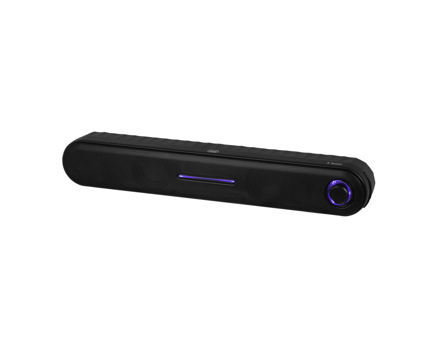 Una barra de sonido Bluetooth negra con iluminación LED azul sobre fondo blanco.