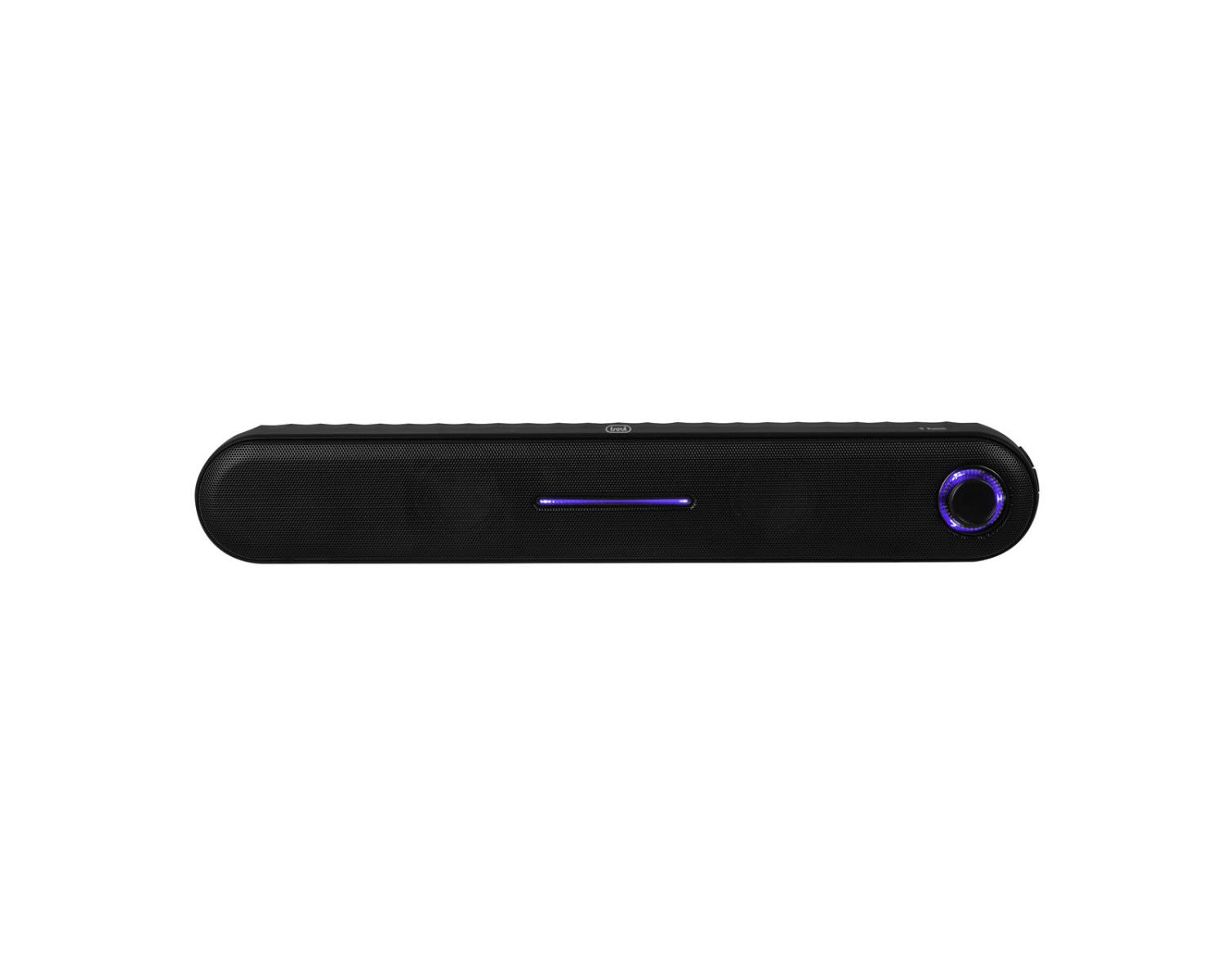 Barra de sonido negra con bordes redondeados, una tira de luz azul en el centro y un mando azul a la derecha.