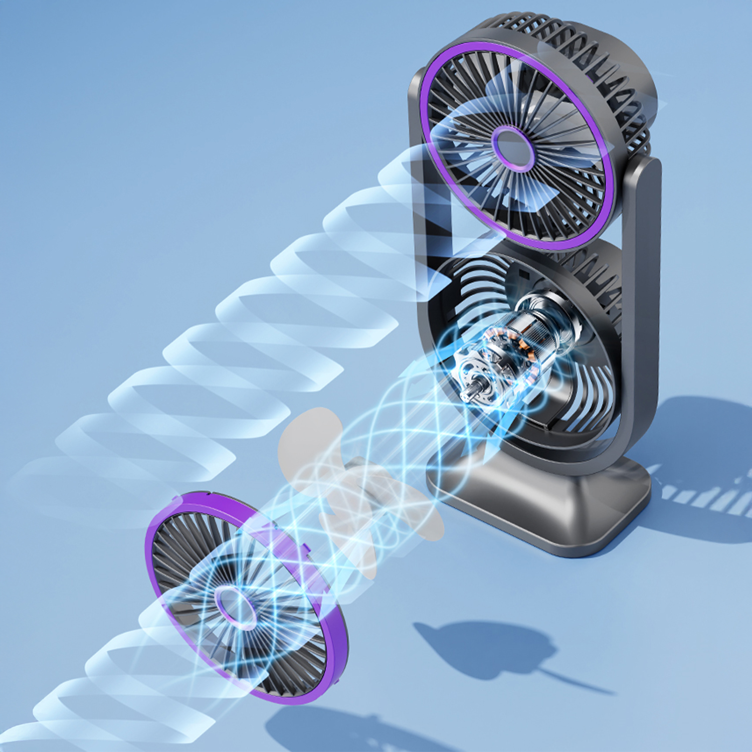 Ein doppelter Ventilator auf blauem Grund zeigt interne Motordetails und spiralförmige Luftstromlinien.