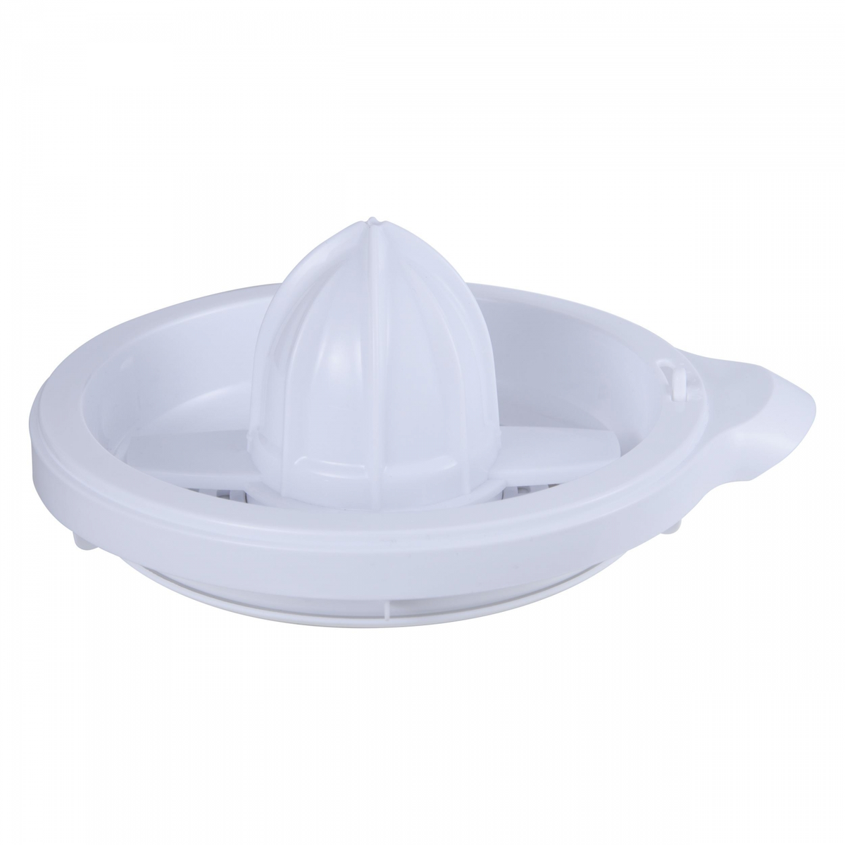 Un exprimidor de cítricos blanco sobre fondo blanco.