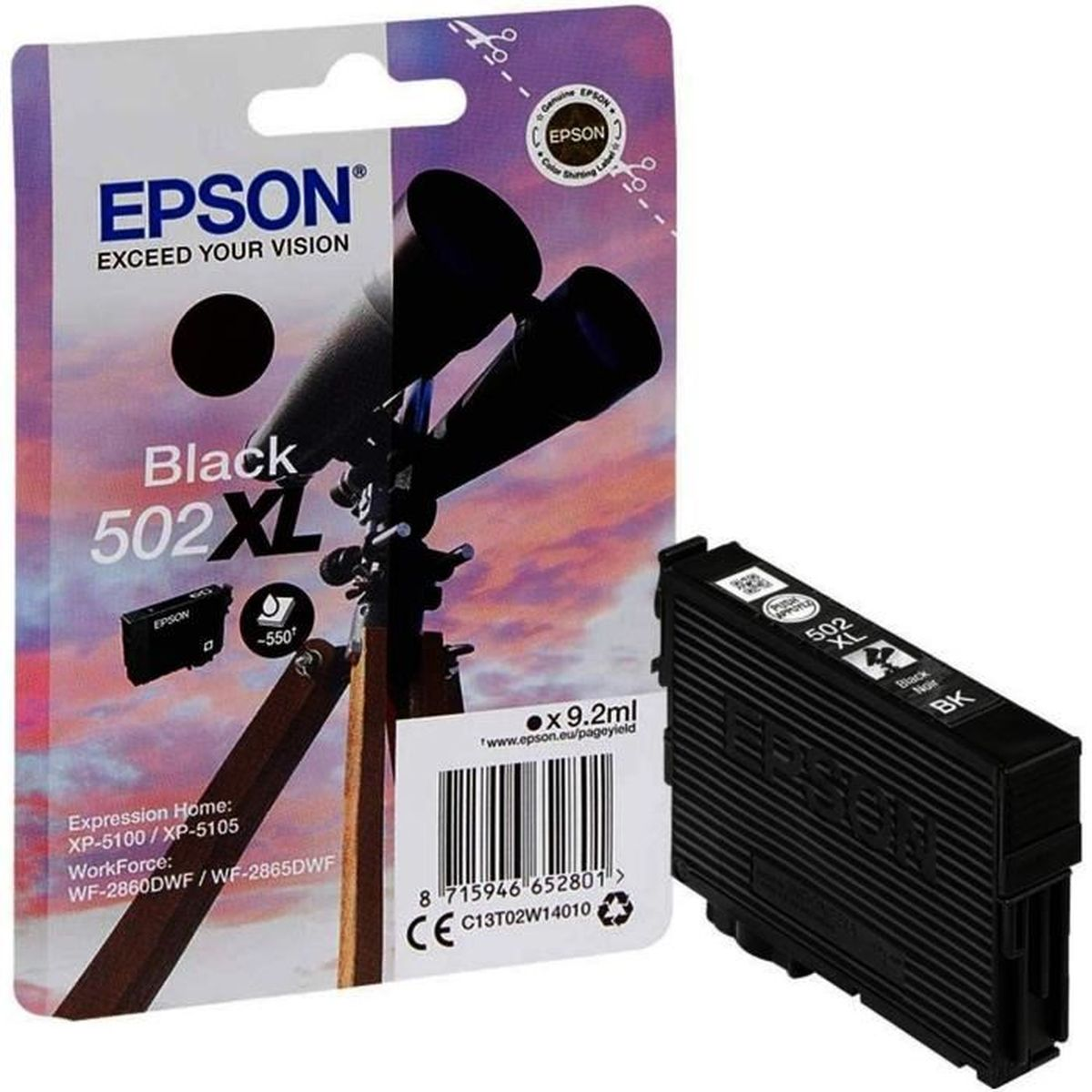 Cartucho de tinta negra Epson 502XL junto a su envase morado y blanco con un telescopio.
