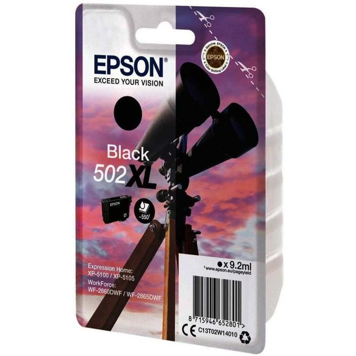 Cartucho de tinta negra Epson 502XL en su empaque, con prismáticos en un trípode contra un fondo de atardecer.
