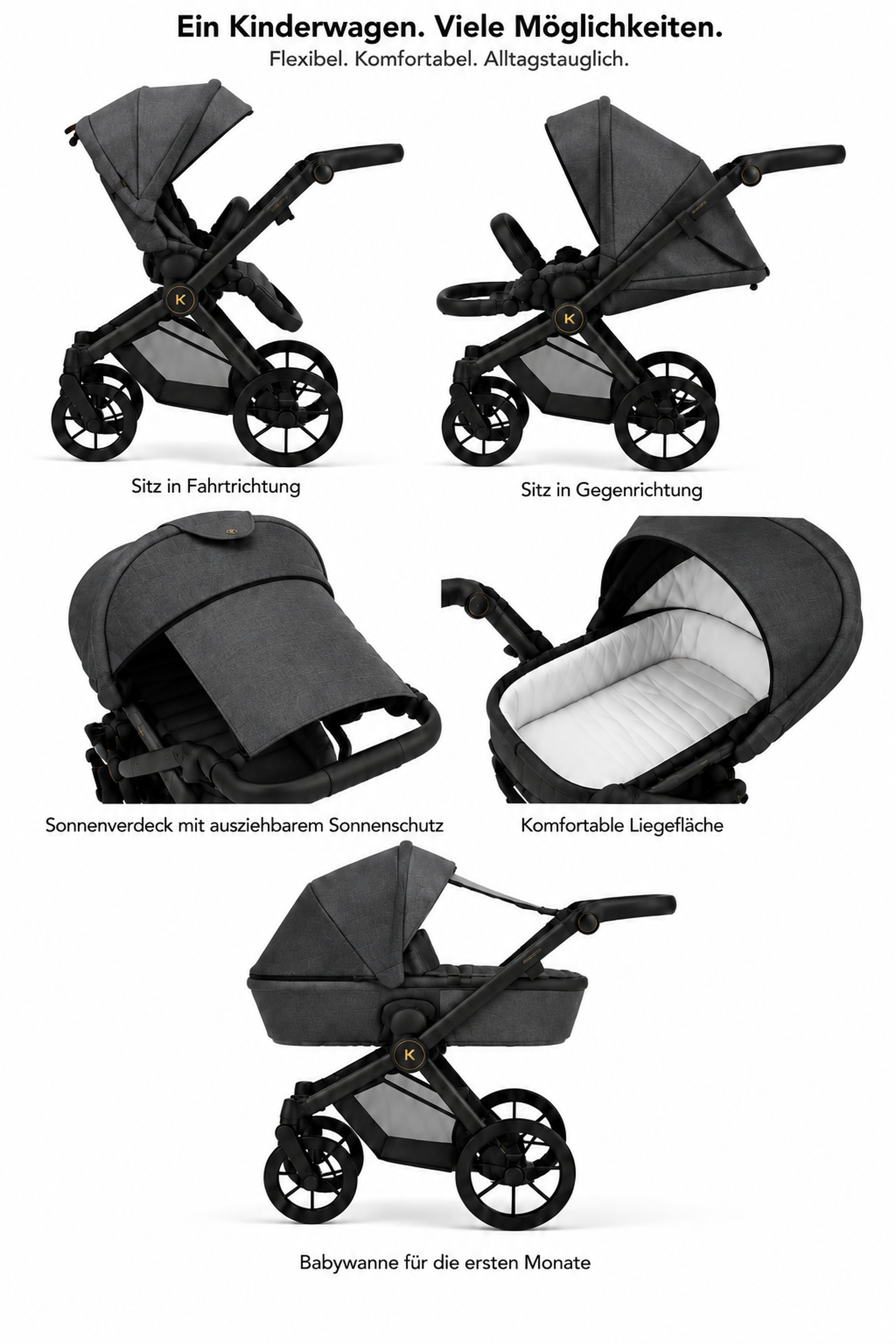Ein grauer Kinderwagen mit verschiedenen Funktionen und Positionen wie Sitz- und Liegeflächen.
