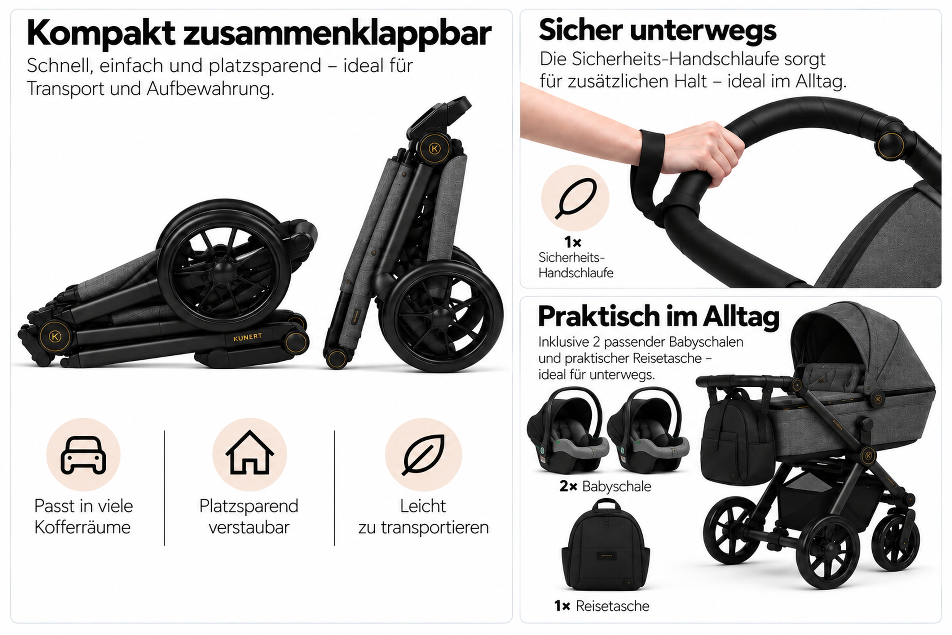 Ein grauer Kinderwagen mit Zubehör, Sicherheitsgurt und kompakter Klappfunktion für den Transport.