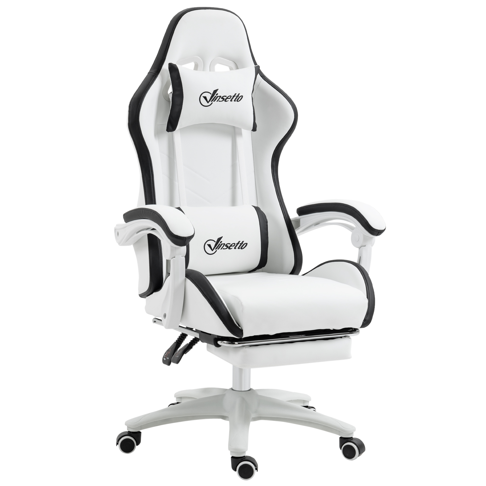Una sedia da gaming Vinsetto bianca e nera con poggiatesta, cuscino lombare e poggiapiedi su sfondo bianco.