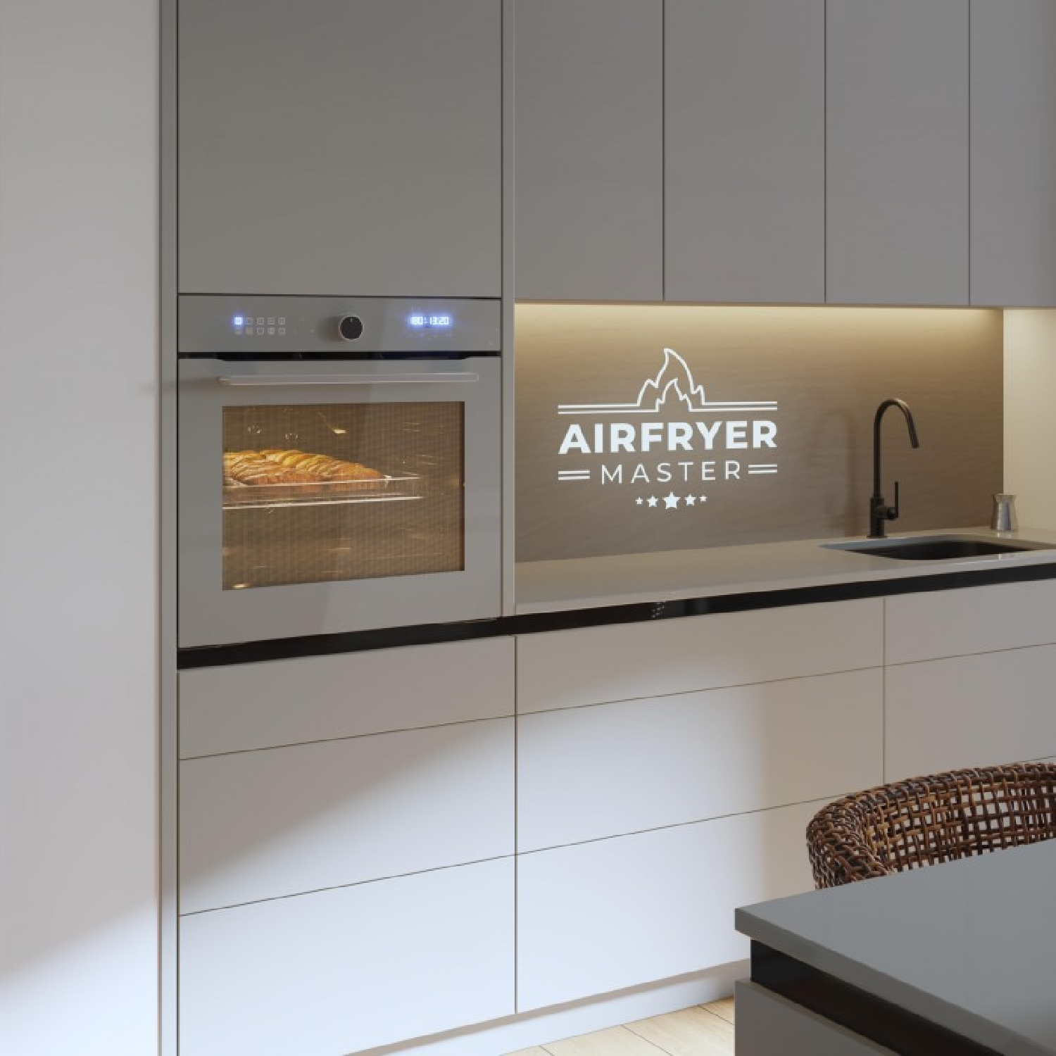 Una cocina moderna con horno empotrado, gabinetes blancos y el texto Airfryer Master en la pared.