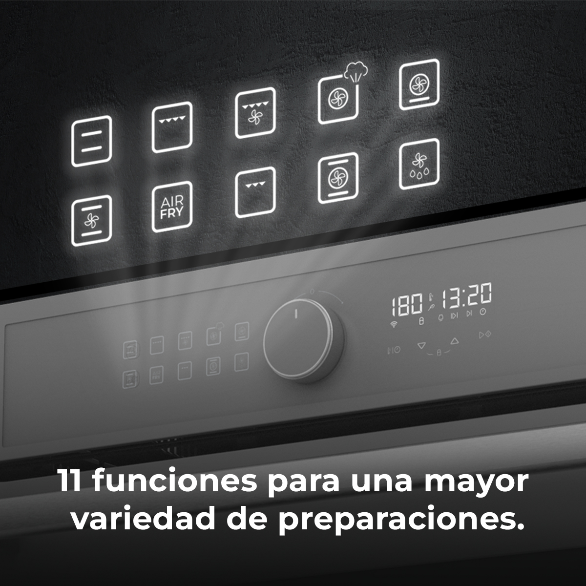 Panel de control del horno con iconos iluminados, un mando central y pantalla digital que muestra 180 y 13:20.