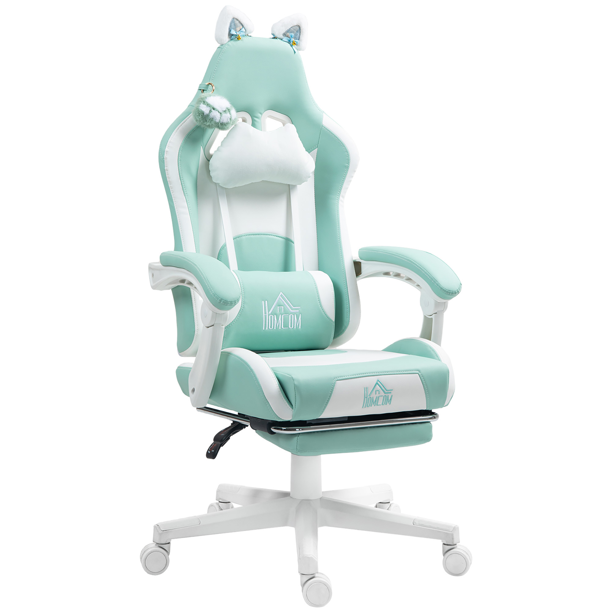 Una sedia da gaming verde menta e bianca con orecchie di gatto su sfondo bianco.