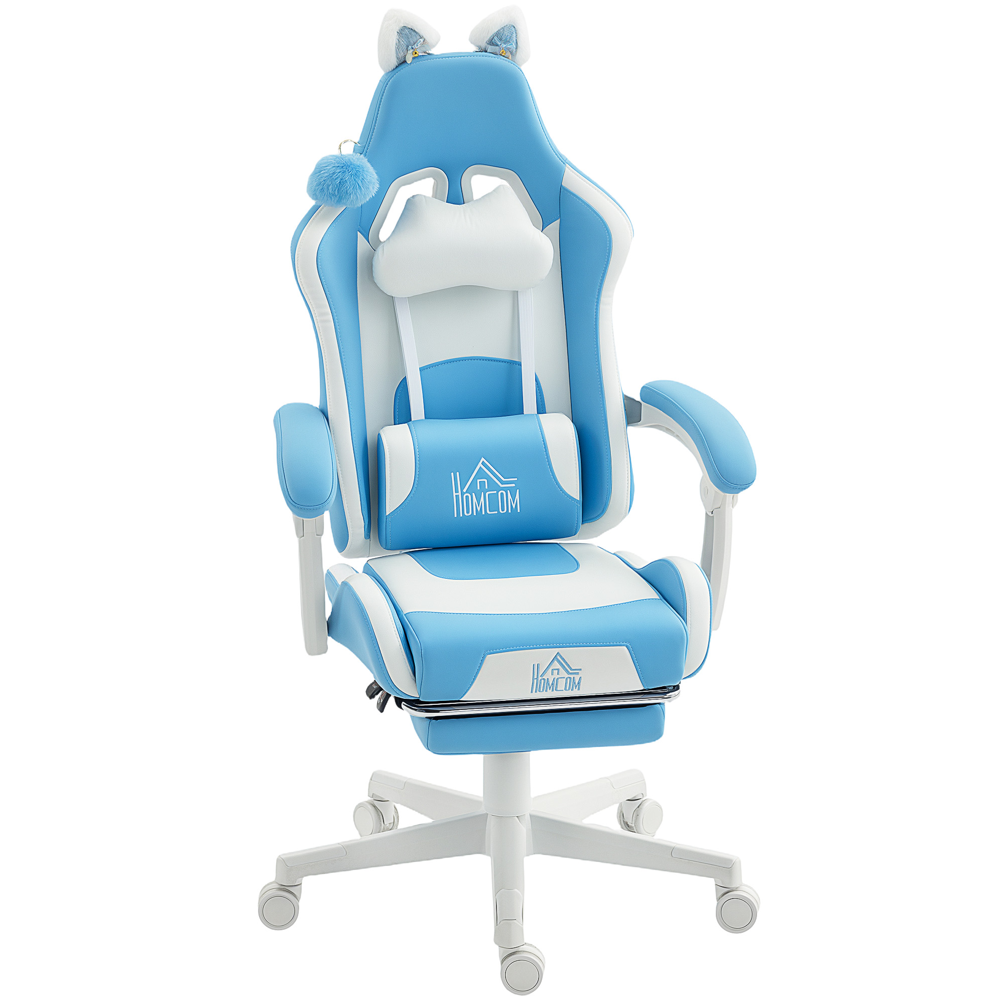 Una sedia da gaming blu e bianca con orecchie da gatto su sfondo bianco.