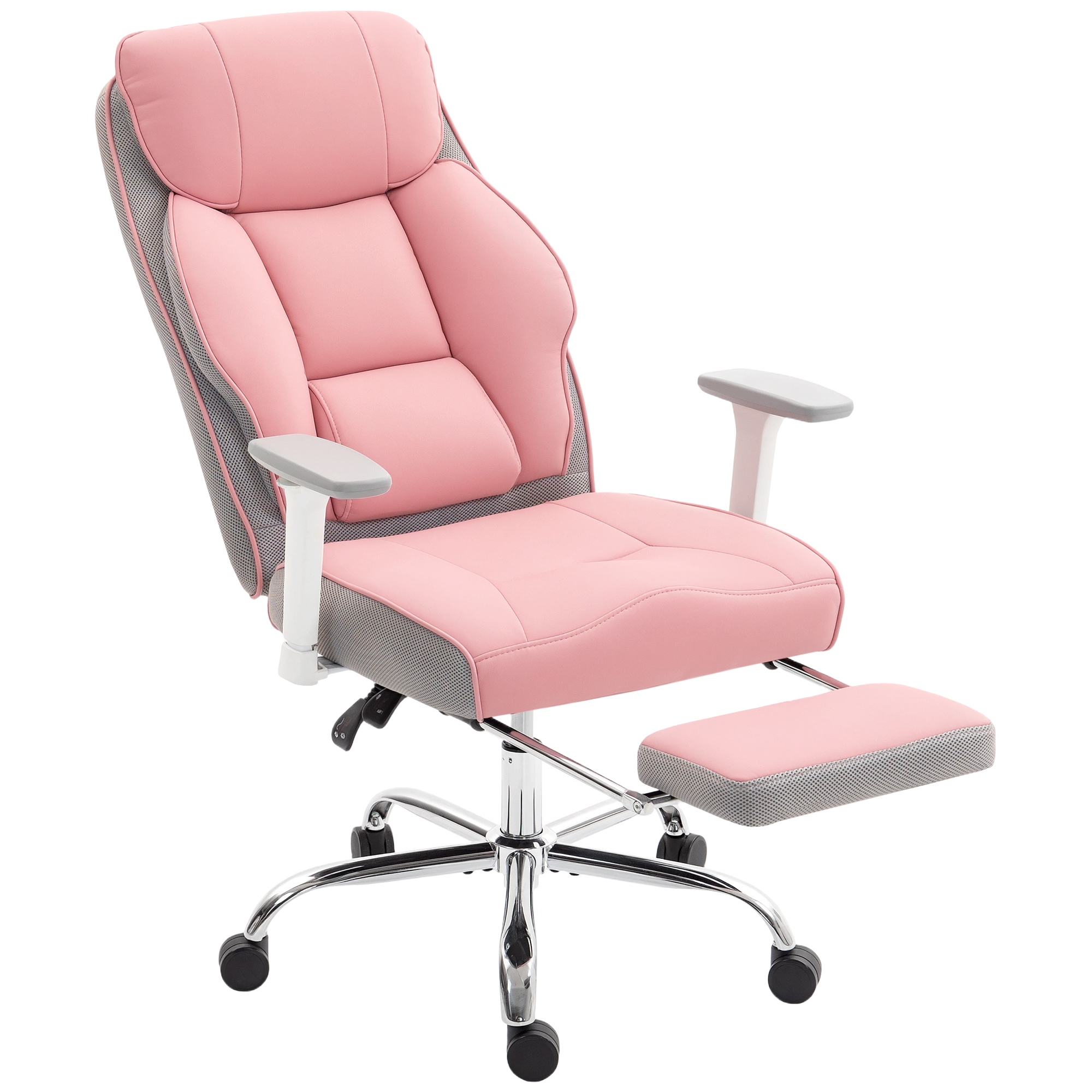 Sedia da ufficio ergonomica rosa con dettagli grigi, braccioli bianchi e poggiapiedi estraibile su rotelle.