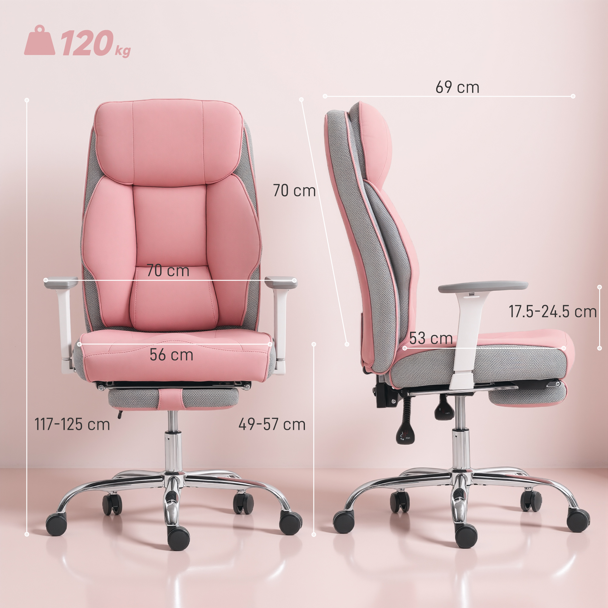Sedia da ufficio rosa e grigia con dimensioni e limite di 120 kg.