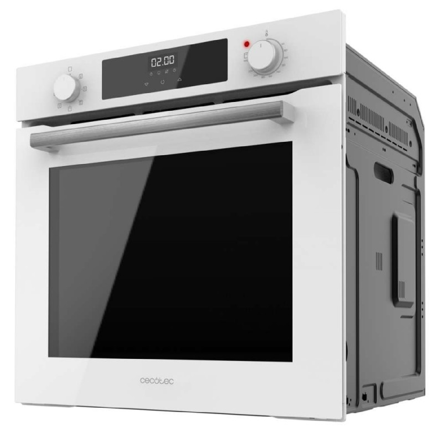 Un horno empotrable blanco moderno con ventana de vidrio negro, tirador plateado, pantalla digital y dos mandos.