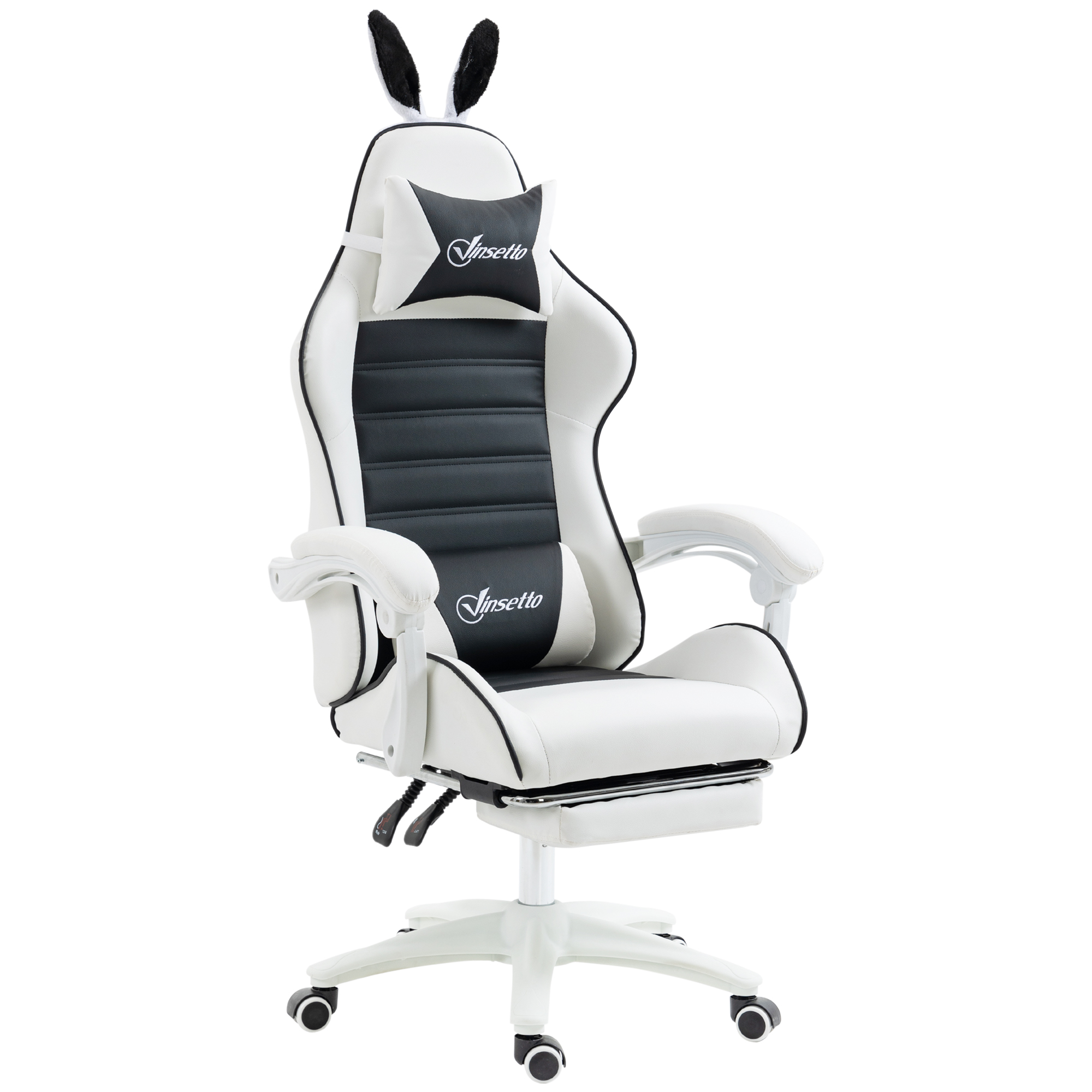 Sedia da gioco bianco-nera con orecchie da coniglio, cuscino per la testa, supporto lombare e poggiapiedi.