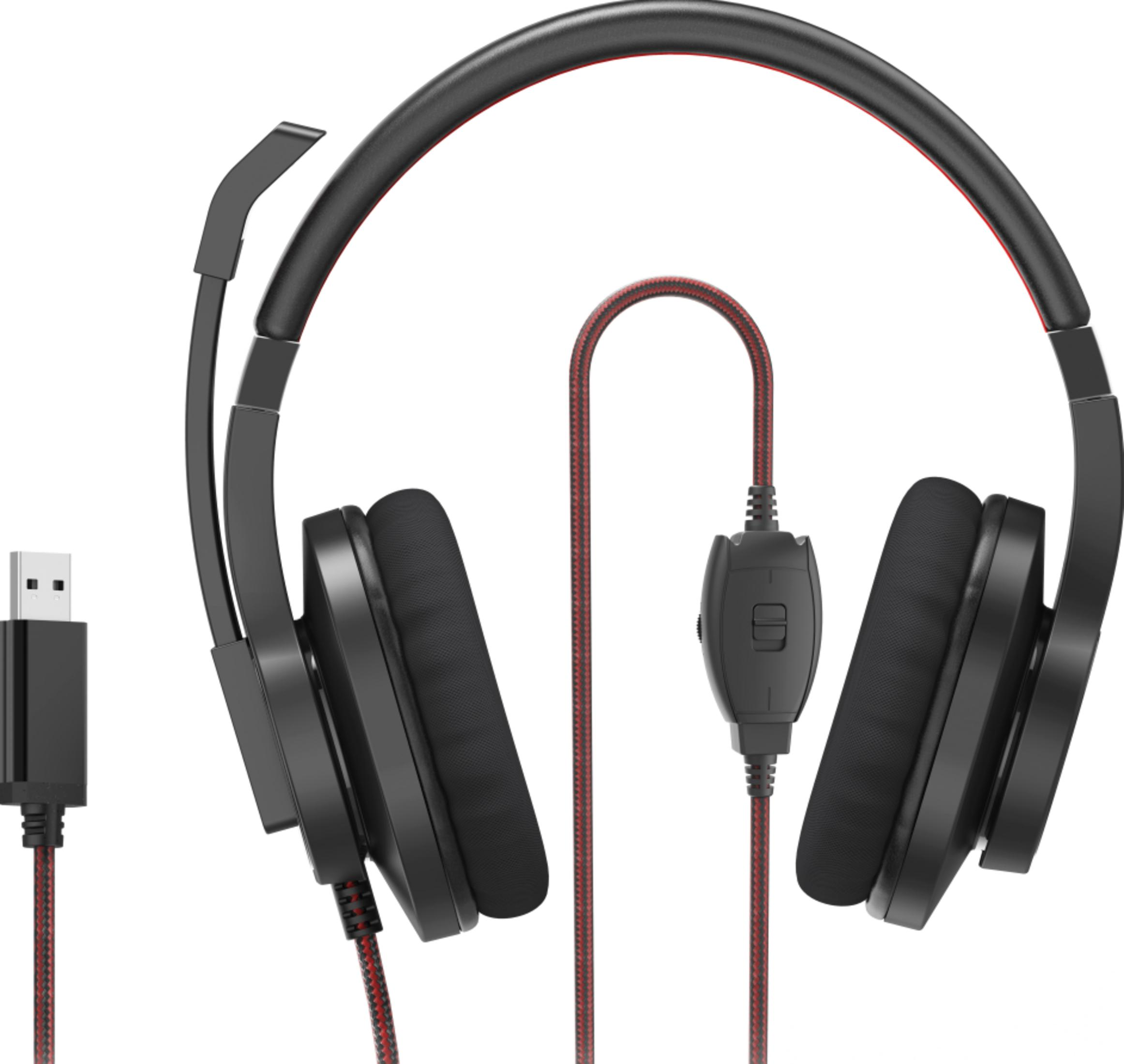 Auriculares para juegos negros con detalle rojo, micrófono incorporado y cable USB trenzado con control en línea.