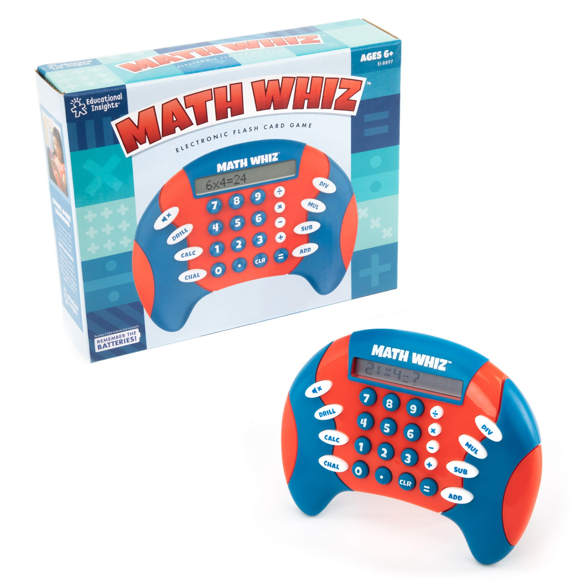 Math Whiz, ein blau-rotes elektronisches Mathe-Lernspielzeug mit Tasten und Display, steht neben seiner Box.