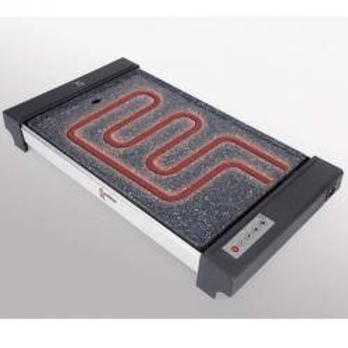 Calentador de alimentos eléctrico con marco negro y serpentines calefactores rojos visibles sobre piedra.