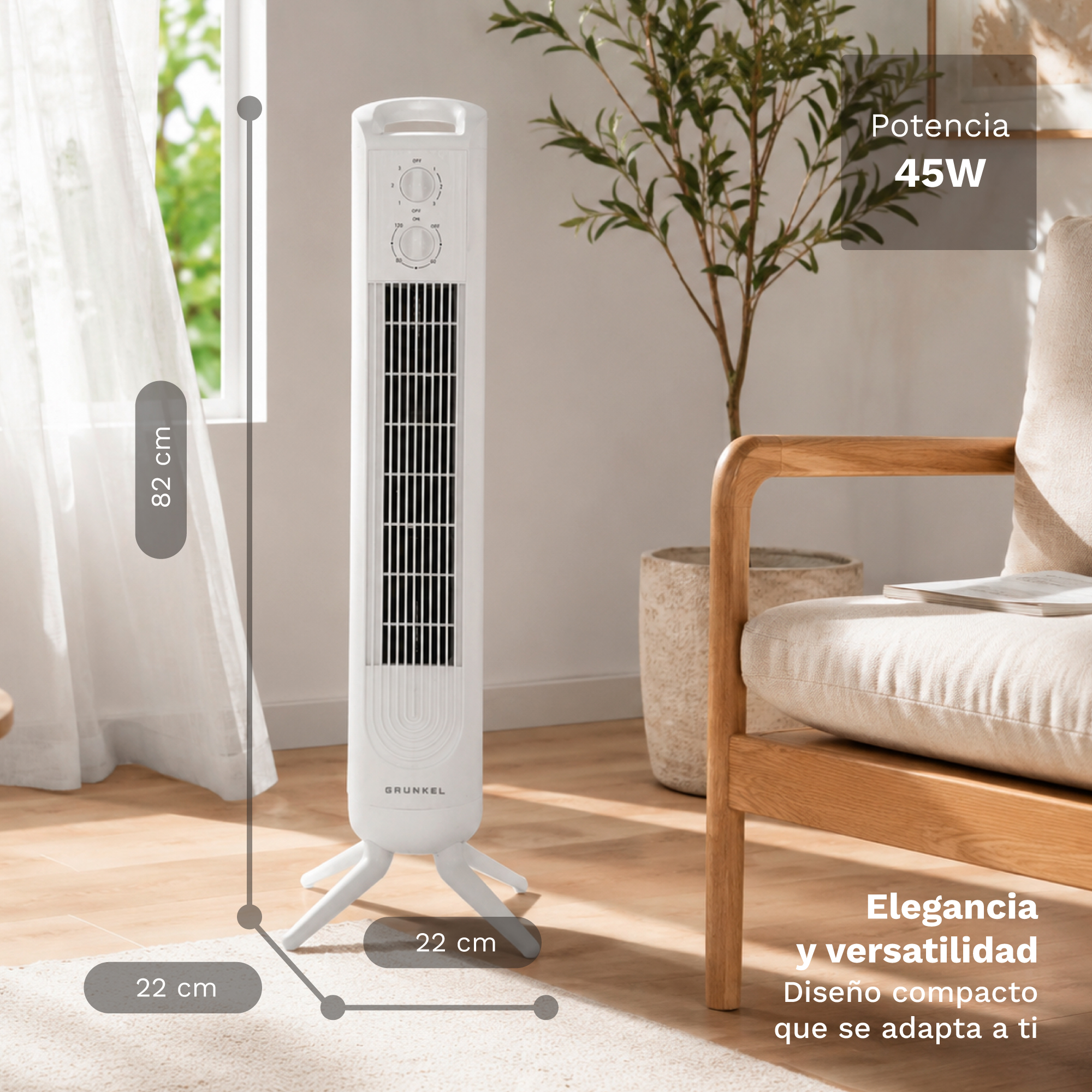 Un ventilador de torre blanco de 45W con dimensiones de 82x22 cm se encuentra en una sala luminosa y acogedora.