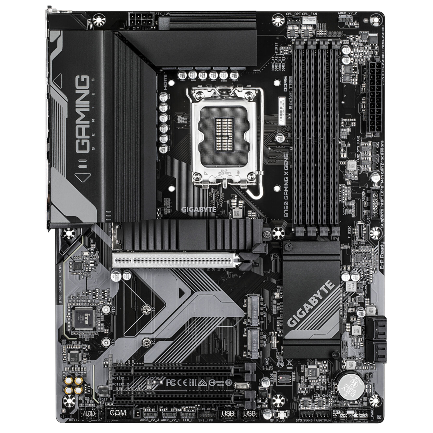 Placa base Gigabyte negra con zócalo para CPU, ranuras RAM y disipadores.