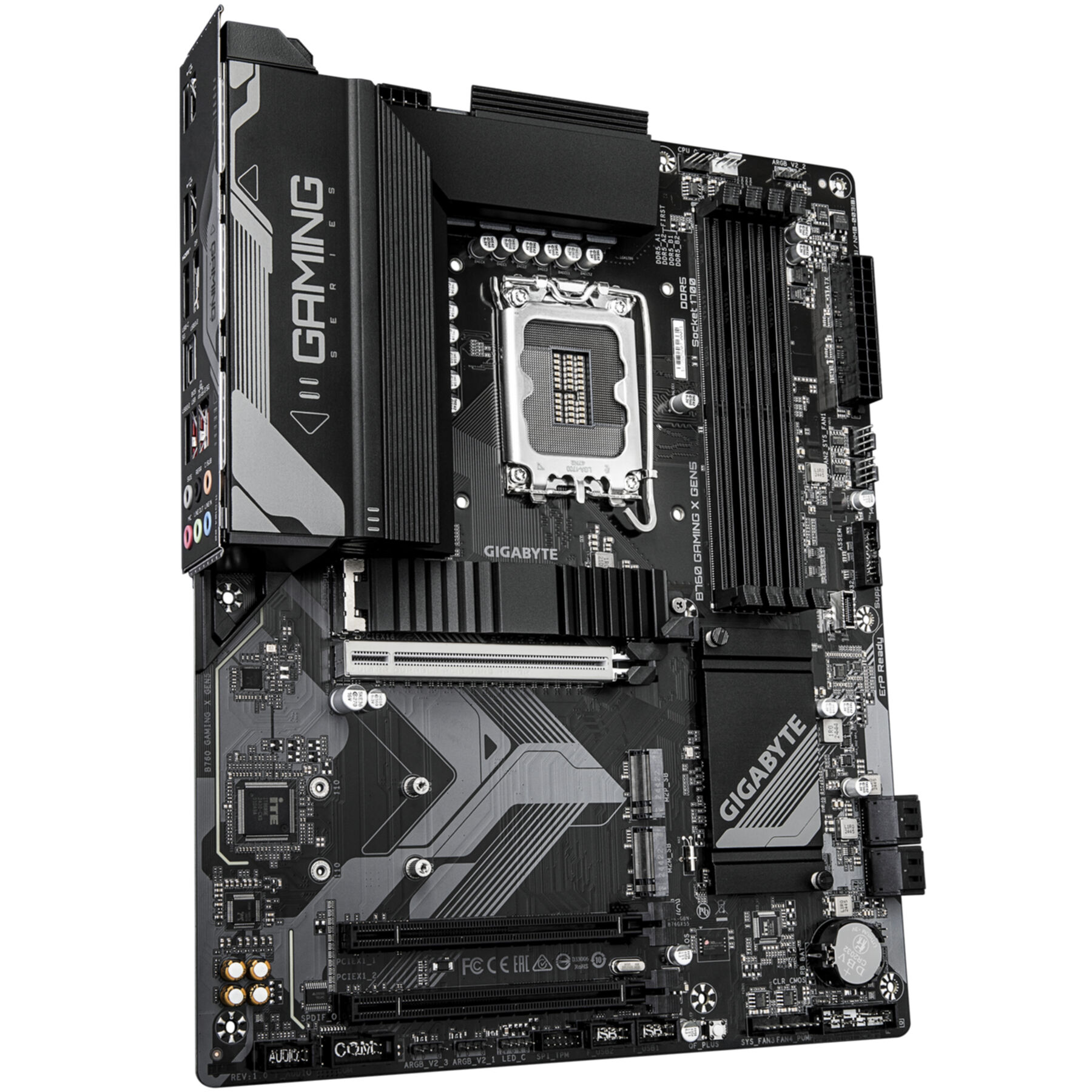 Placa base gaming Gigabyte negra con zócalo de CPU, ranuras RAM y disipadores sobre fondo blanco.