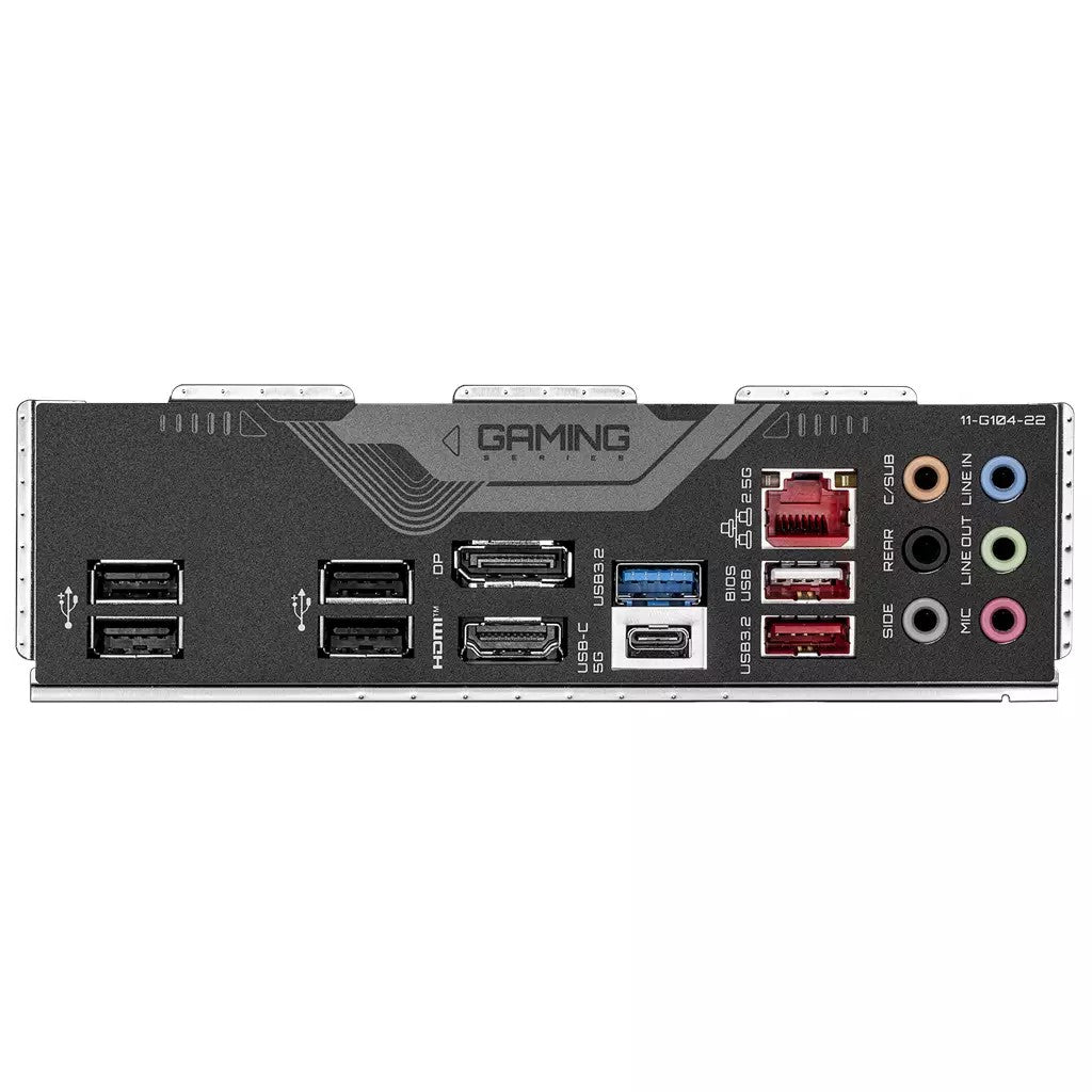 Panel trasero de una placa madre gaming con puertos USB, HDMI, DP, Ethernet y audio.