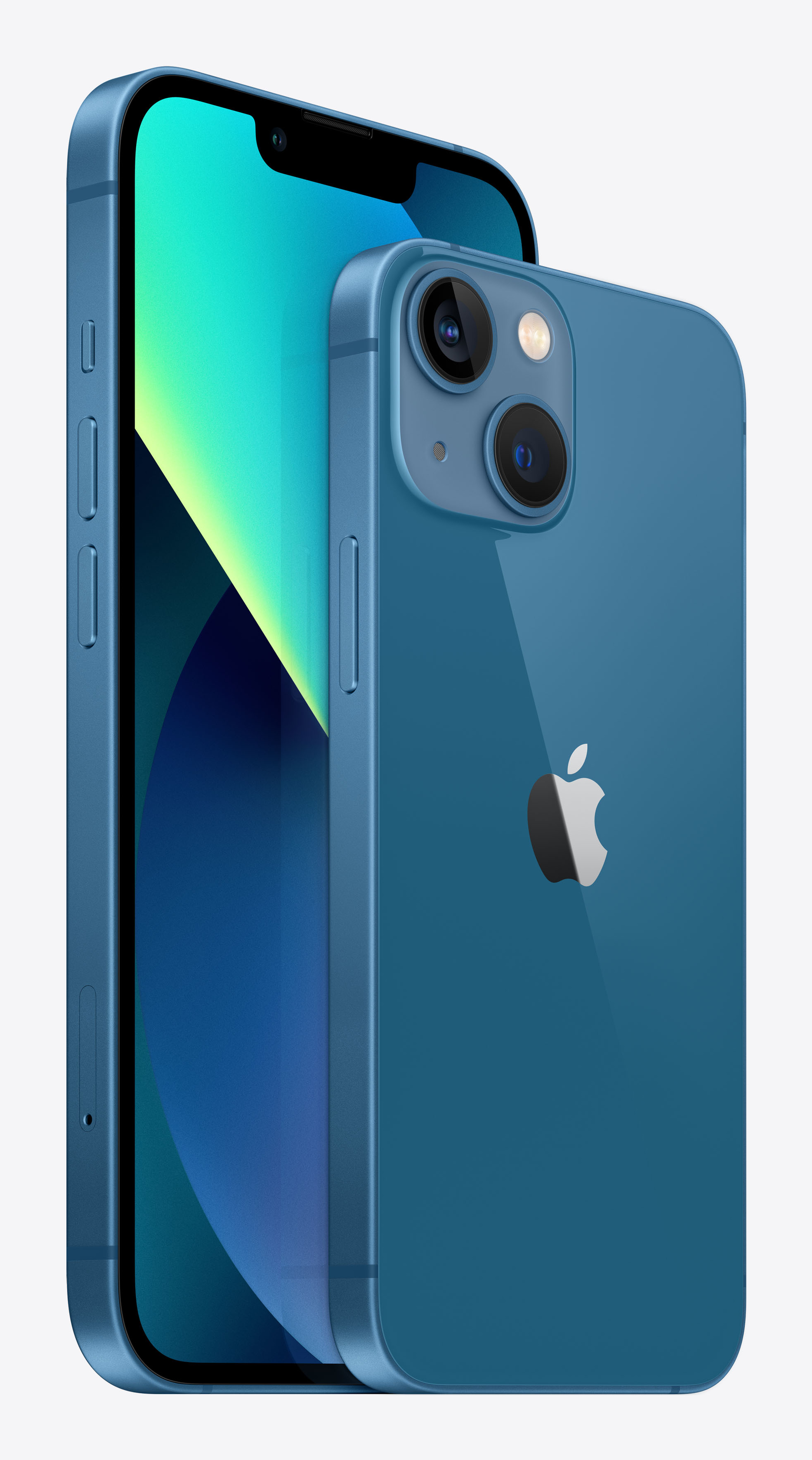 Dos smartphones azules, uno muestra la pantalla colorida y el otro la parte trasera con cámara dual.