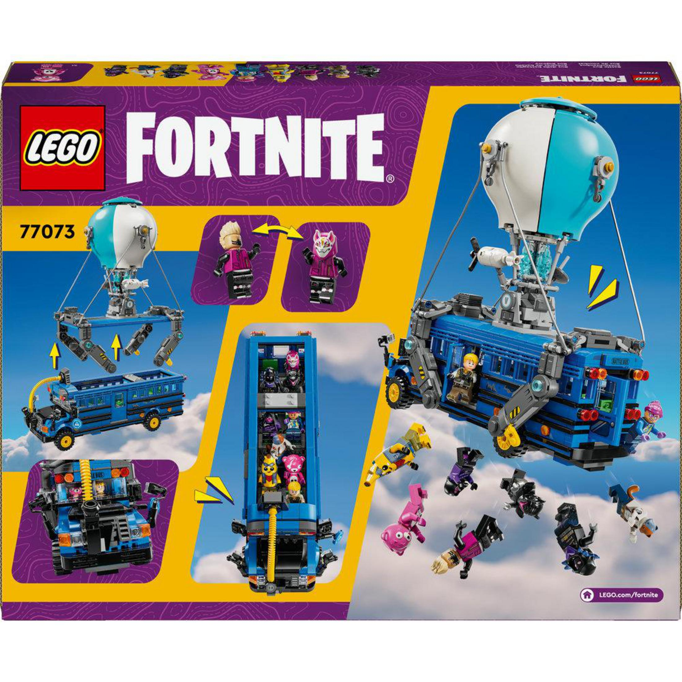 Caja del set Lego Fortnite Battle Bus con autobús azul, globo aerostático y minifiguras bajo cielo azul.