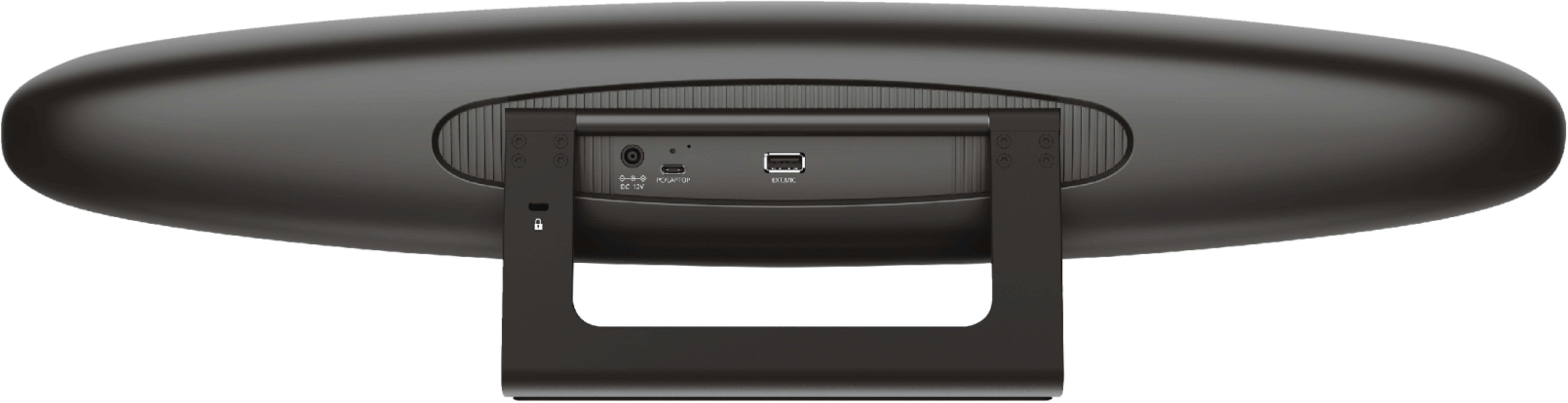 Vue arrière d'une barre de son noire avec support, montrant des ports comme USB et alimentation.