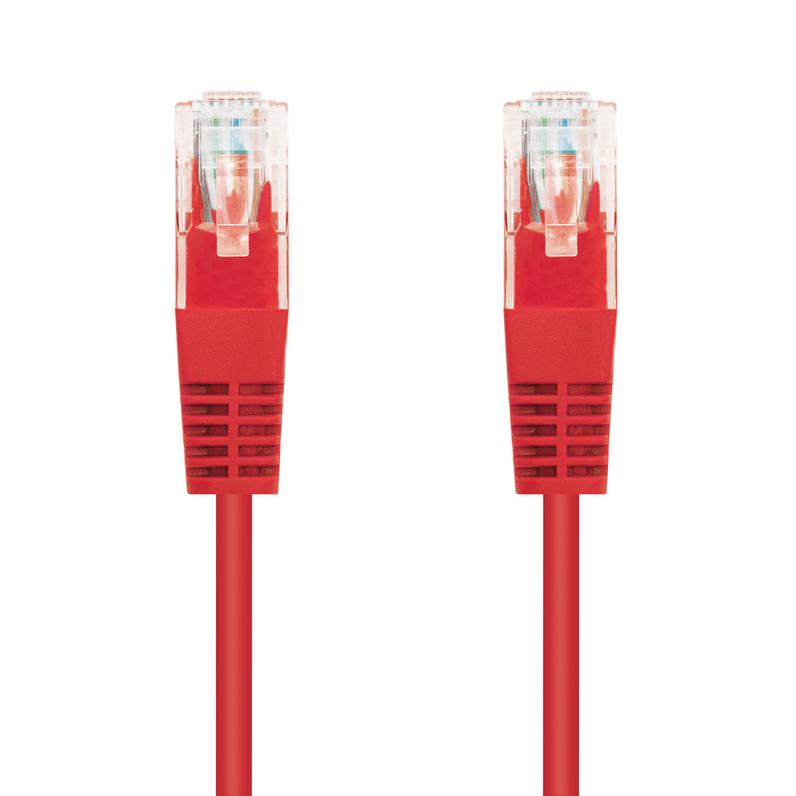 Dos cables ethernet rojos con conectores RJ45 sobre fondo blanco.