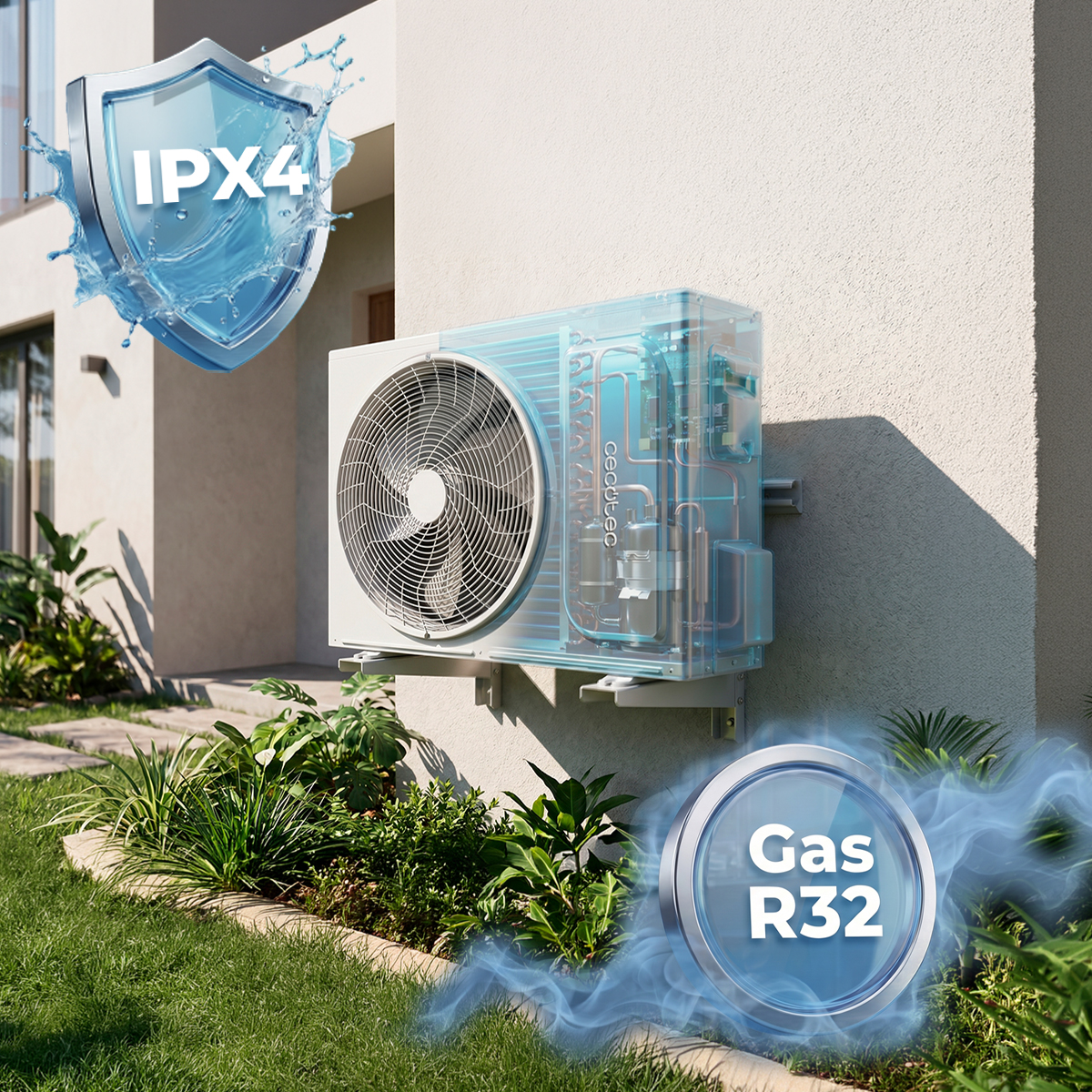 Unidad de aire acondicionado de pared con iconos de protección IPX4 y Gas R32.