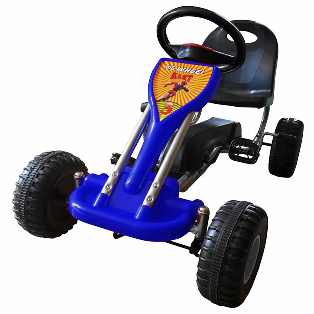 Un karts infantil azul con asiento negro, volante y neumáticos grandes con dibujo sobre fondo blanco.