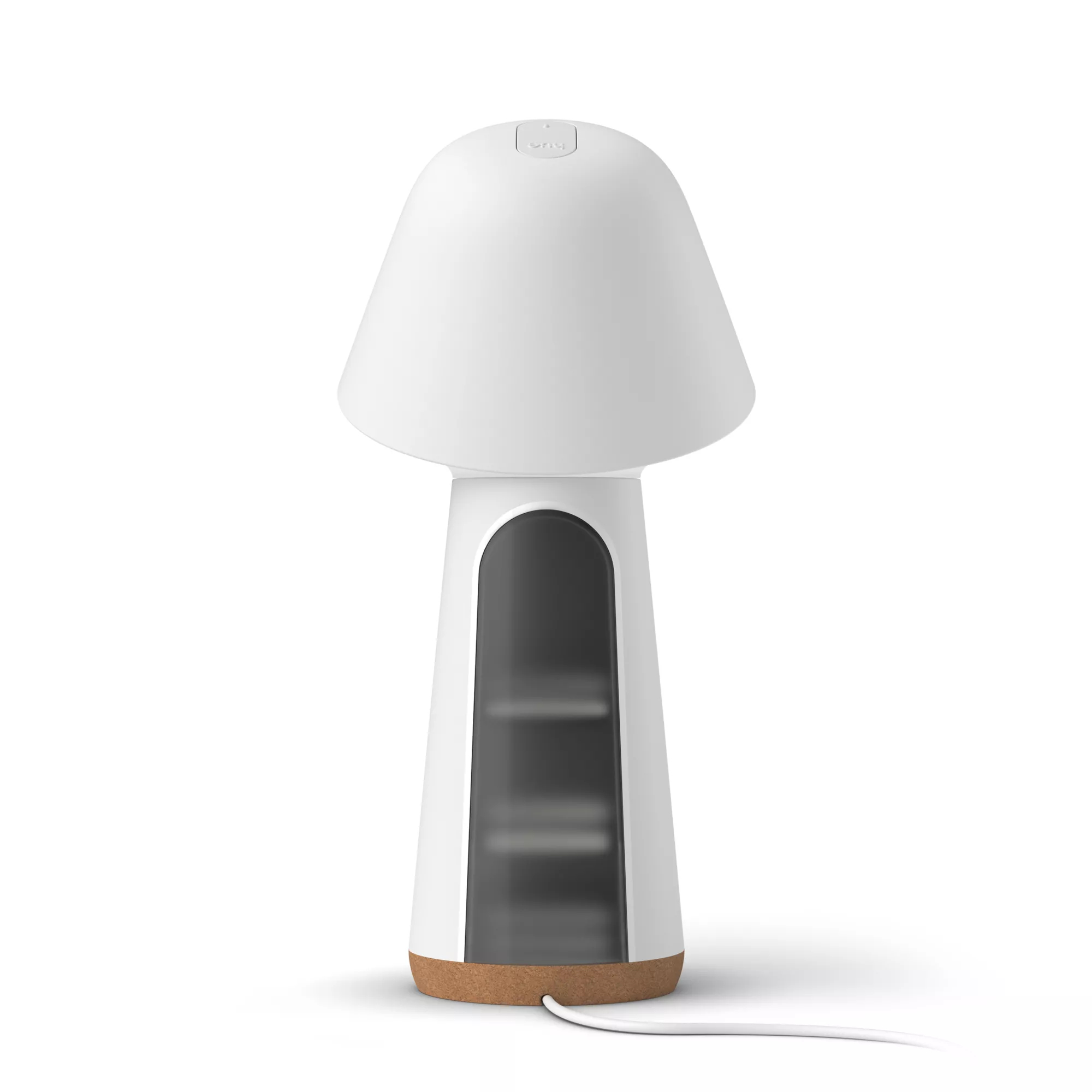Una moderna lampada da tavolo bianca con base in sughero e finestra di visualizzazione verticale scura.