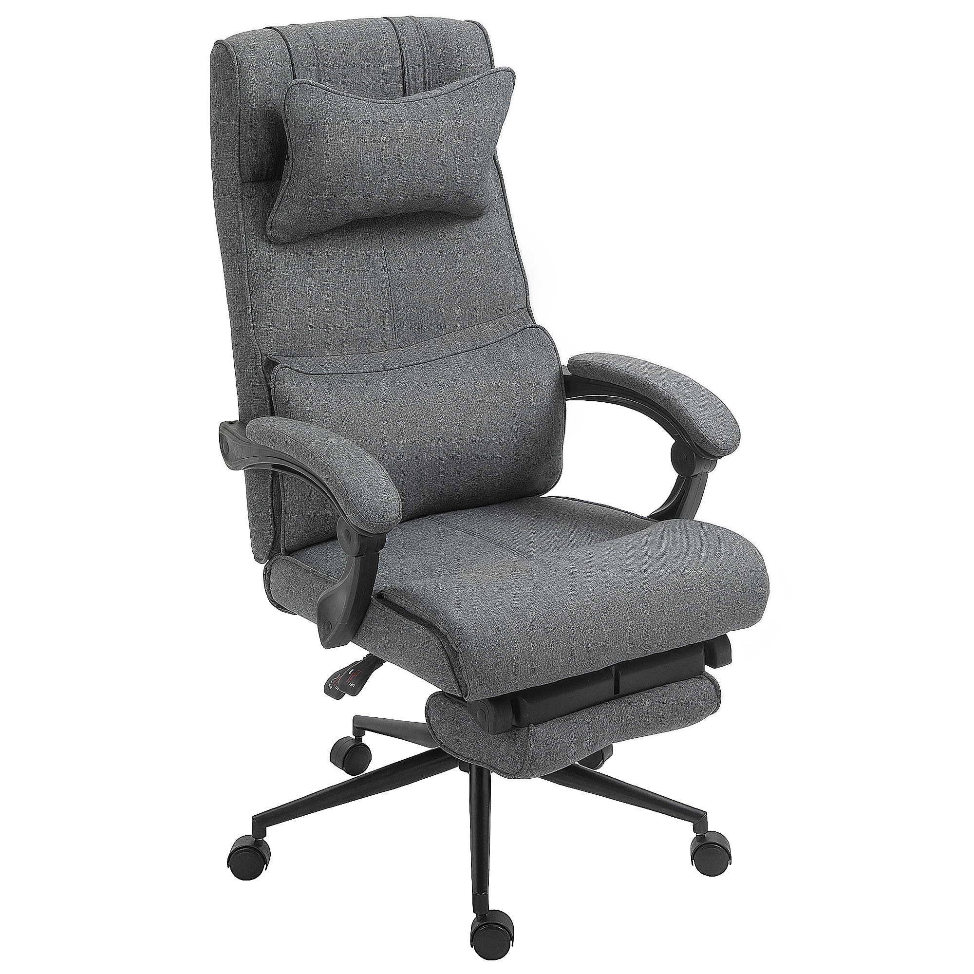 Sedia da ufficio ergonomica grigia con schienale alto, cuscini e base nera con ruote.