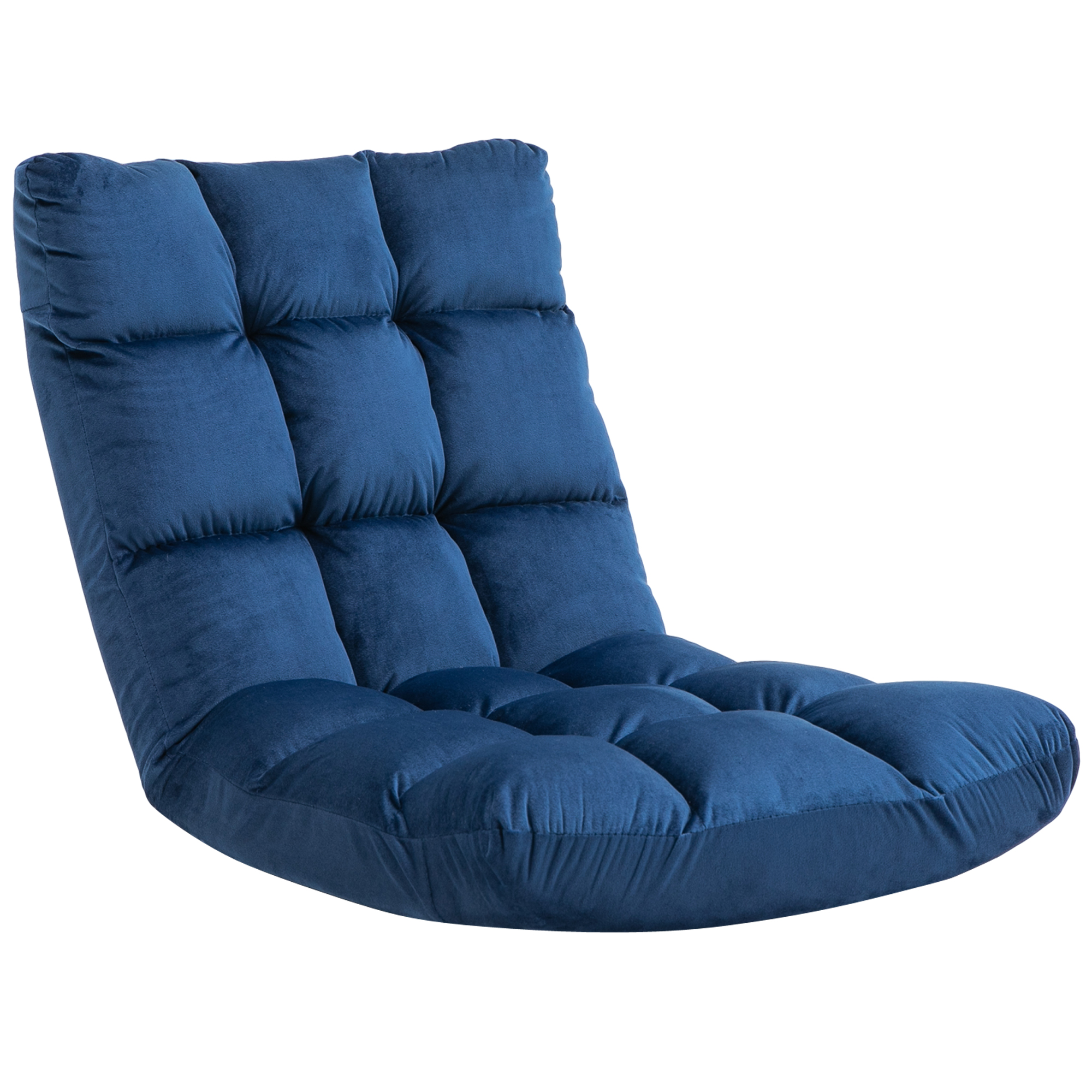 Una sedia da terra blu, morbidamente imbottita con design trapuntato su sfondo bianco.