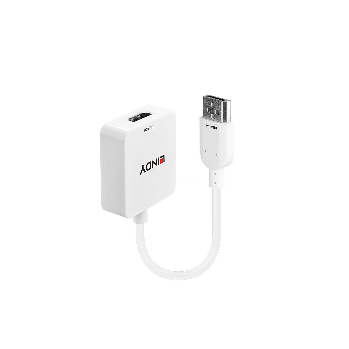 Ein weißes Lindy-Adapterkabel mit quadratischem Quellanschluss und Display-Stecker vor weißem Hintergrund.