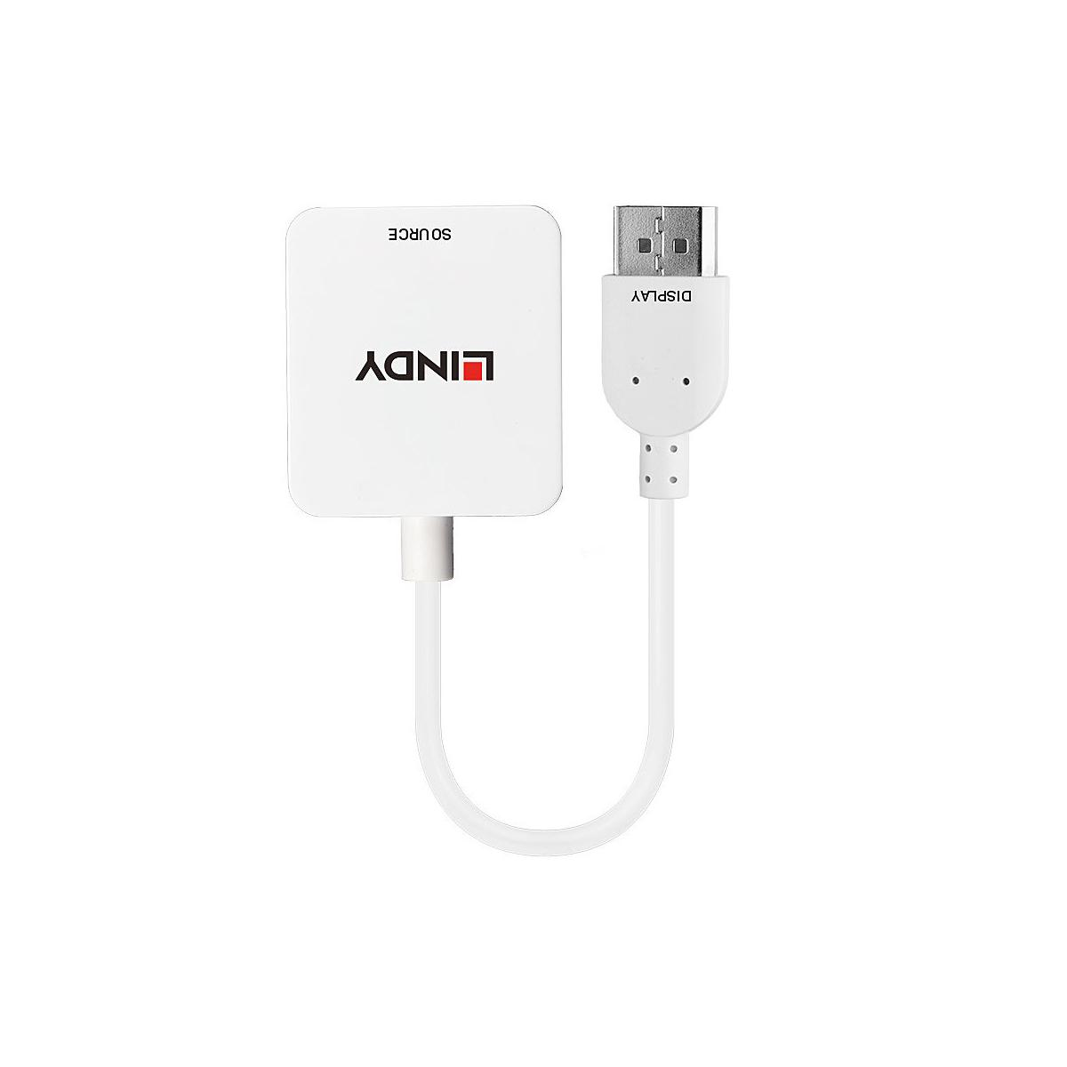 Ein weißer Lindy HDMI-Adapter mit einem kurzen Kabel und einem USB-Anschluss.