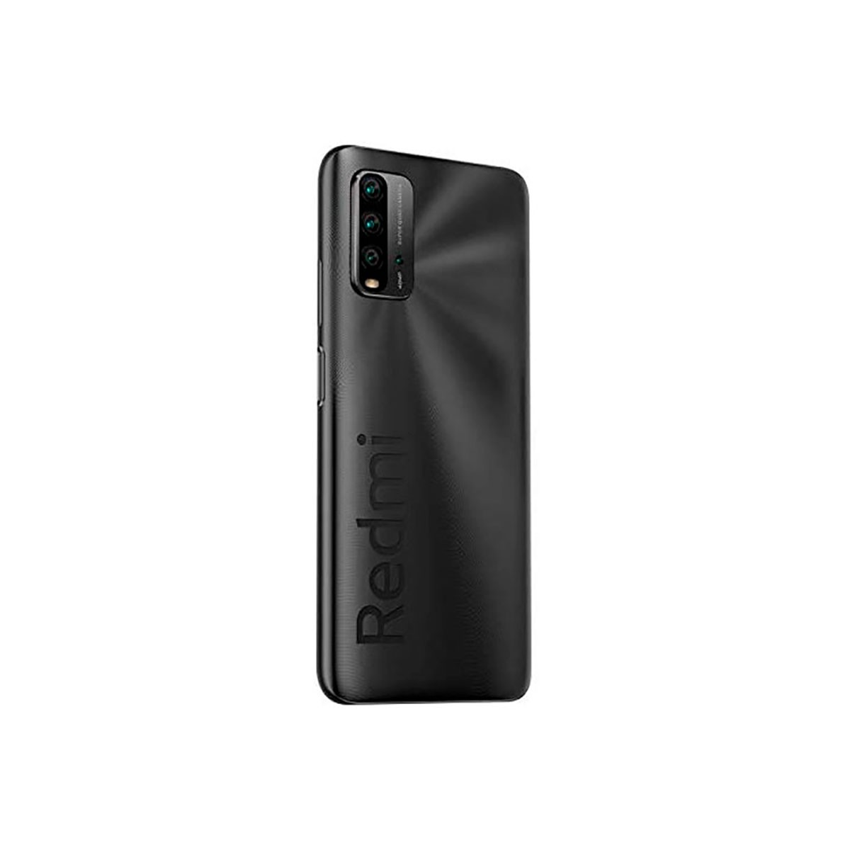 Parte trasera de un smartphone Redmi negro con un módulo de cámara cuádruple vertical y el logotipo de Redmi.