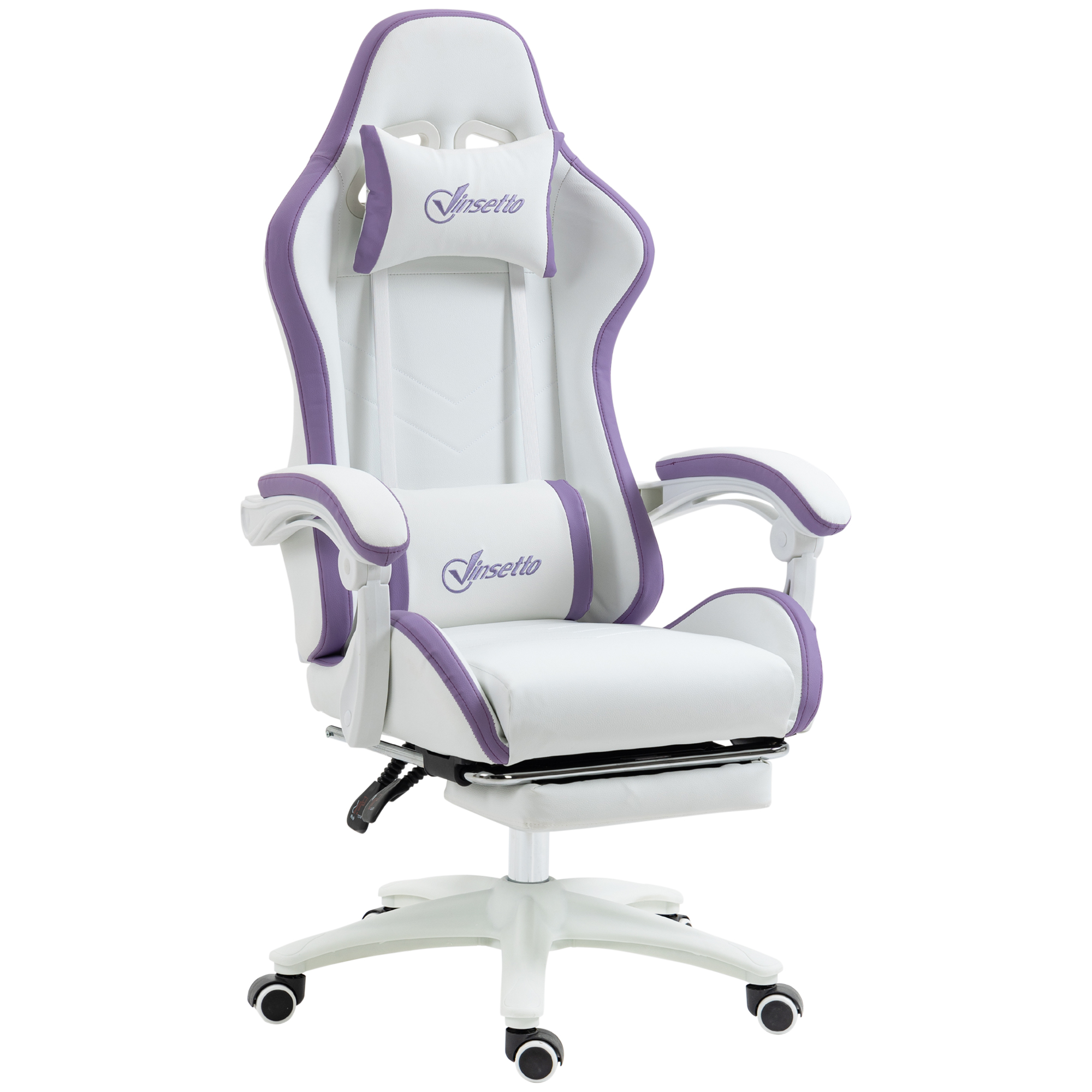 Una sedia da gaming bianca e viola con poggiatesta, cuscino lombare, braccioli e poggiapiedi.