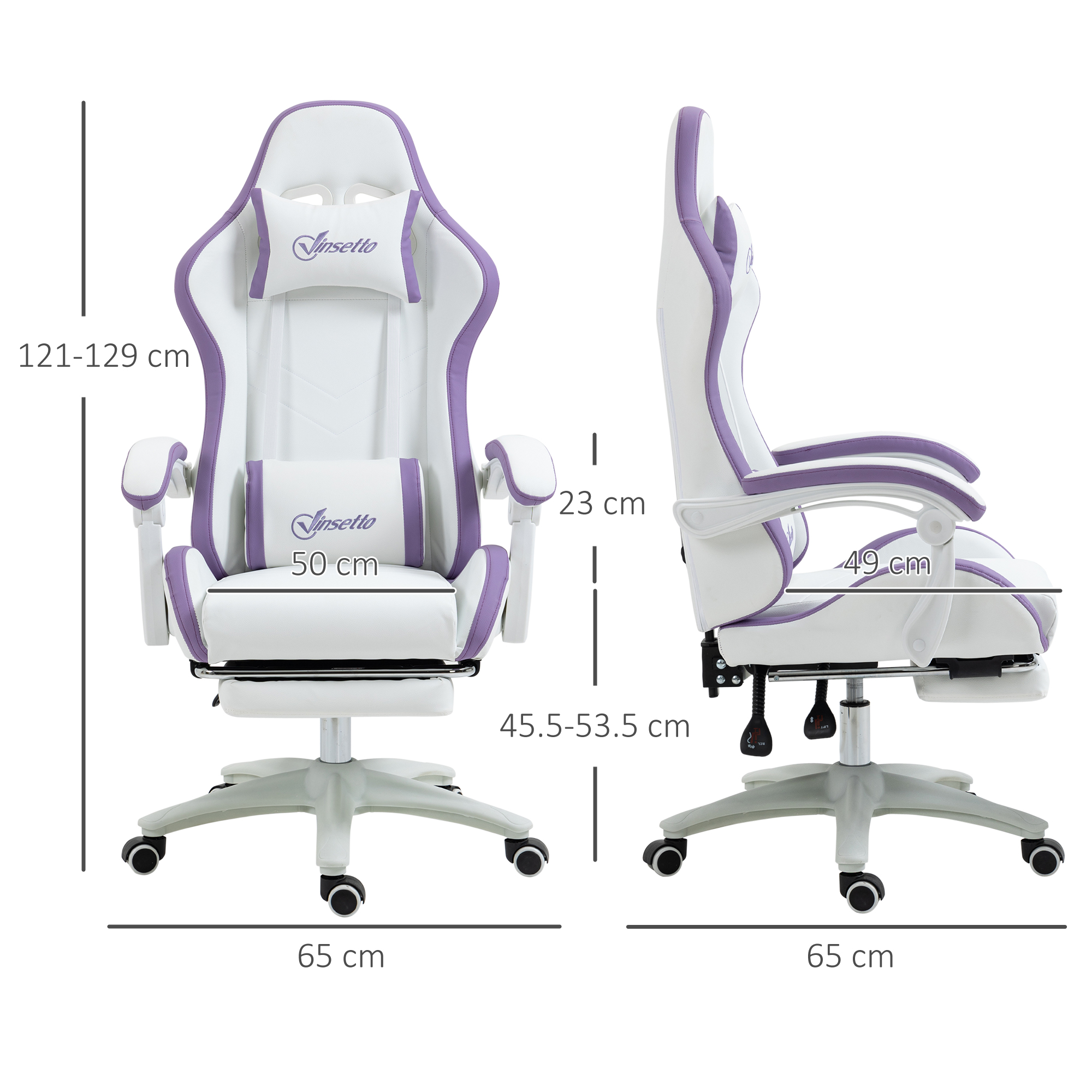 Sedia da gaming bianca e viola con dimensioni viste da davanti e lato.