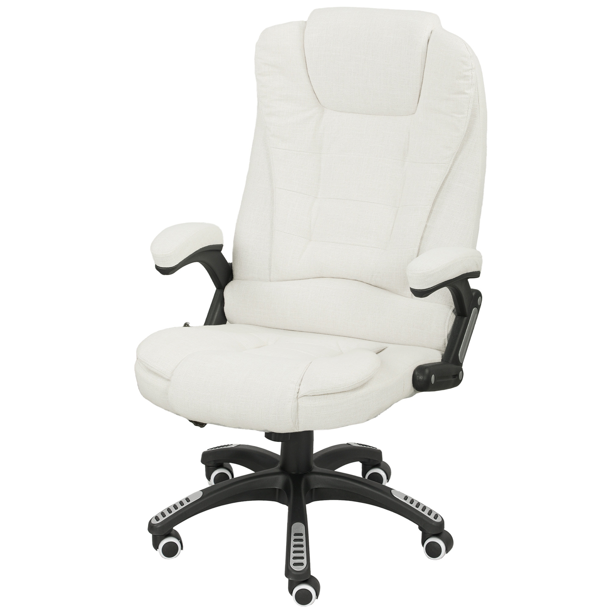 Una sedia da ufficio ergonomica bianca con base nera e ruote su sfondo bianco.