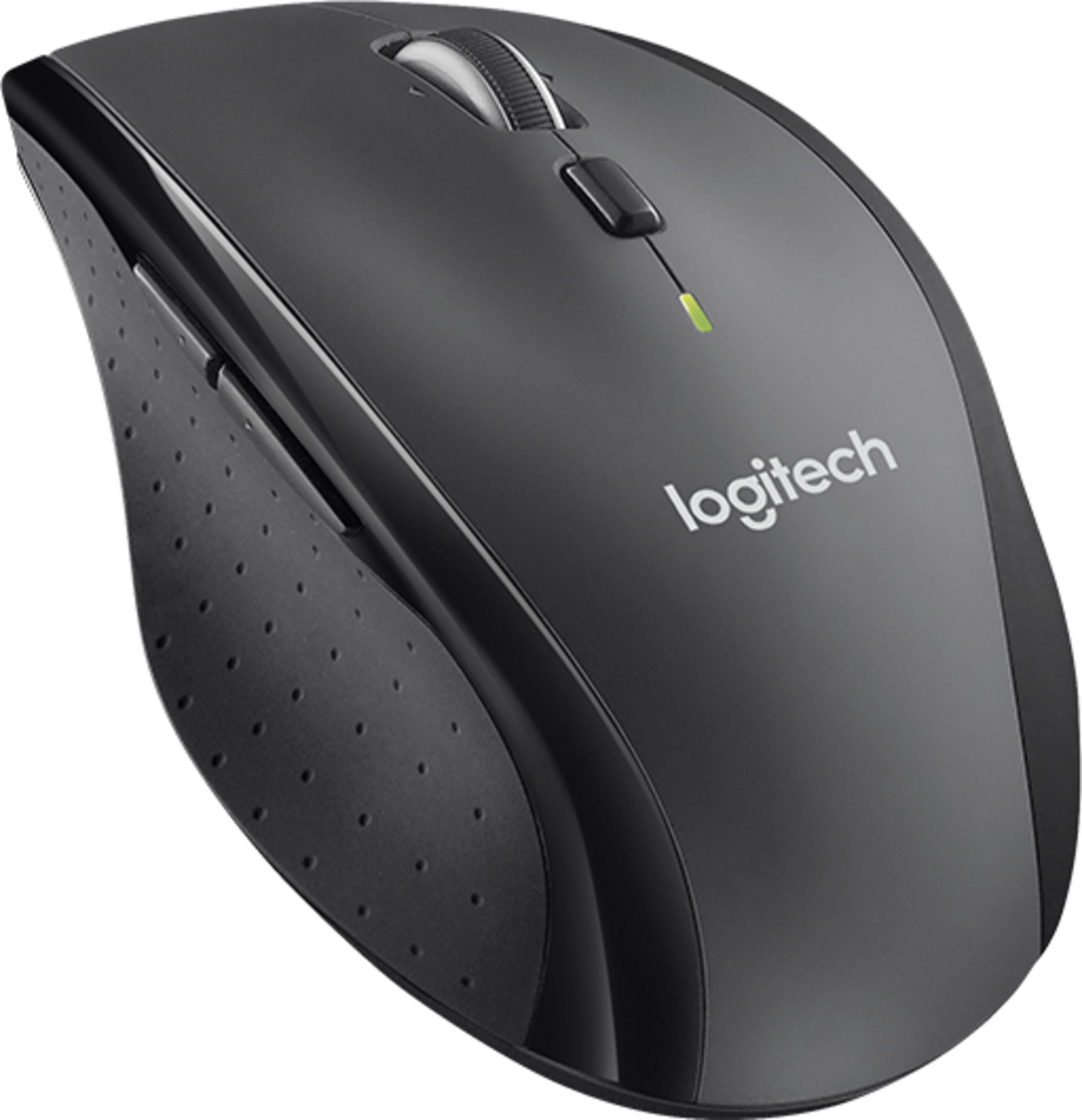 Szara mysz komputerowa Logitech z kółkiem przewijania i przyciskami na białym tle.
