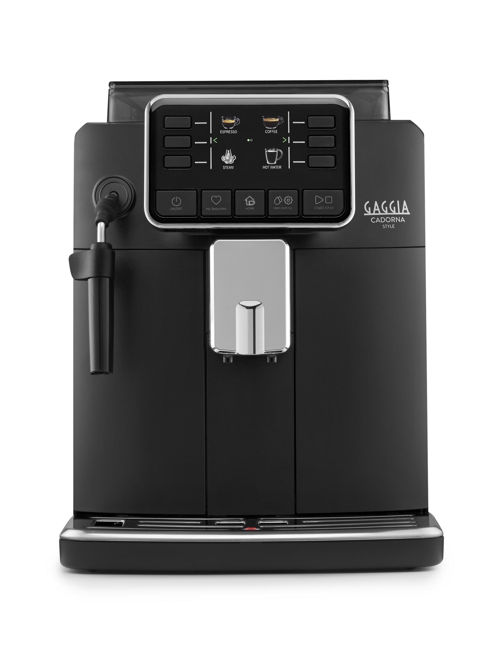 Eine schwarze Gaggia Cadorna Style Kaffeevollautomat mit digitalem Display, Dampfdüse und Chromauslauf.